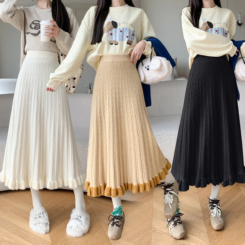 Women's High Waist Knitted Pleated Long Skirt - Black & White Elegant Fall Winter Fashion for Vacation, Office & Casual Wear