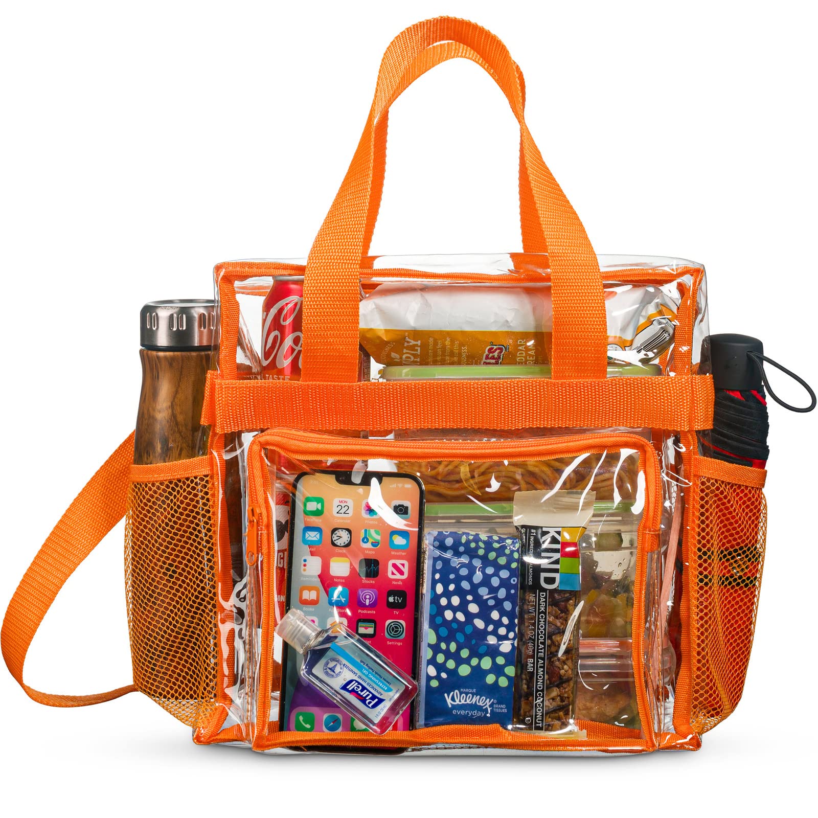 SP HOME GOODS Clear Stadium Approved Lunch Bag - Adjustable Strap, Front Storage & Mesh Pockets (Orange) | Perfect for School, Work, Picnics & Sporting Events