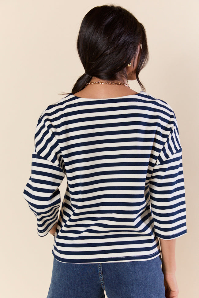 Bold Lines Navy Striped 3/4 Sleeve Knit Top for Women - Casual & Office Wear - Comfortable Stretch Fabric - Perfect for Spring & Summer Outfits