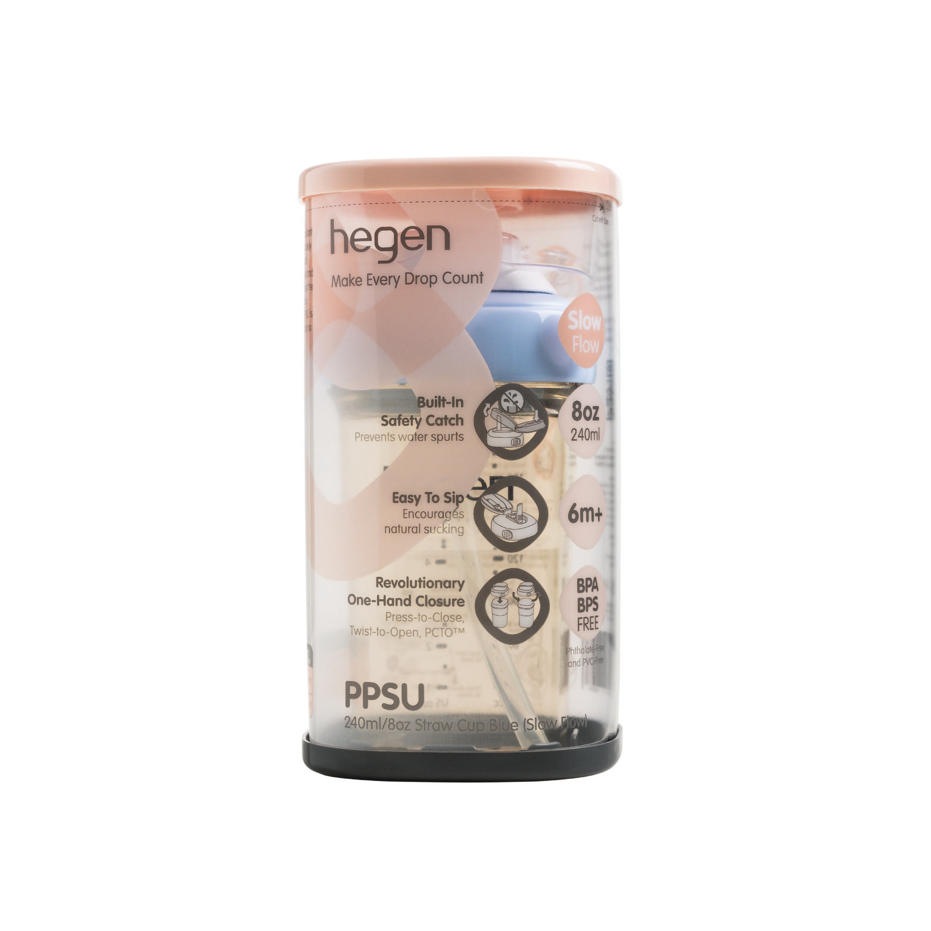 Hegen PCTO™ 240ml/8oz PPSU Baby Straw Cup - Slow Flow Spout, BPA-Free, Leak-Proof, for Infants 6+ Months (Blue) - Perfect for On-the-Go Feeding, Daycare & Travel
