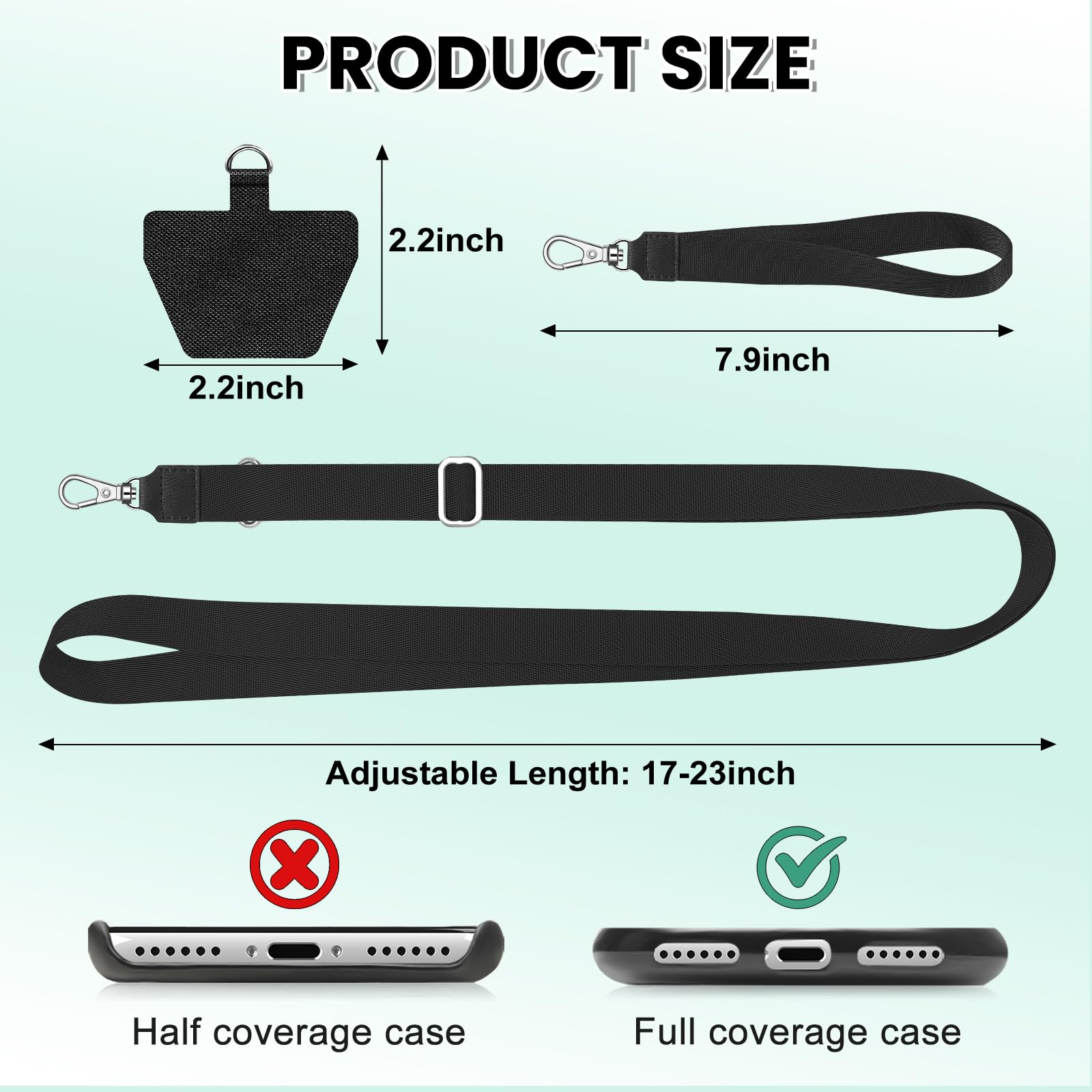 Adjustable Phone Lanyard Neck & Wrist Strap with 4 Patches - for Smartphones (Black) - Perfect for Work & Travel