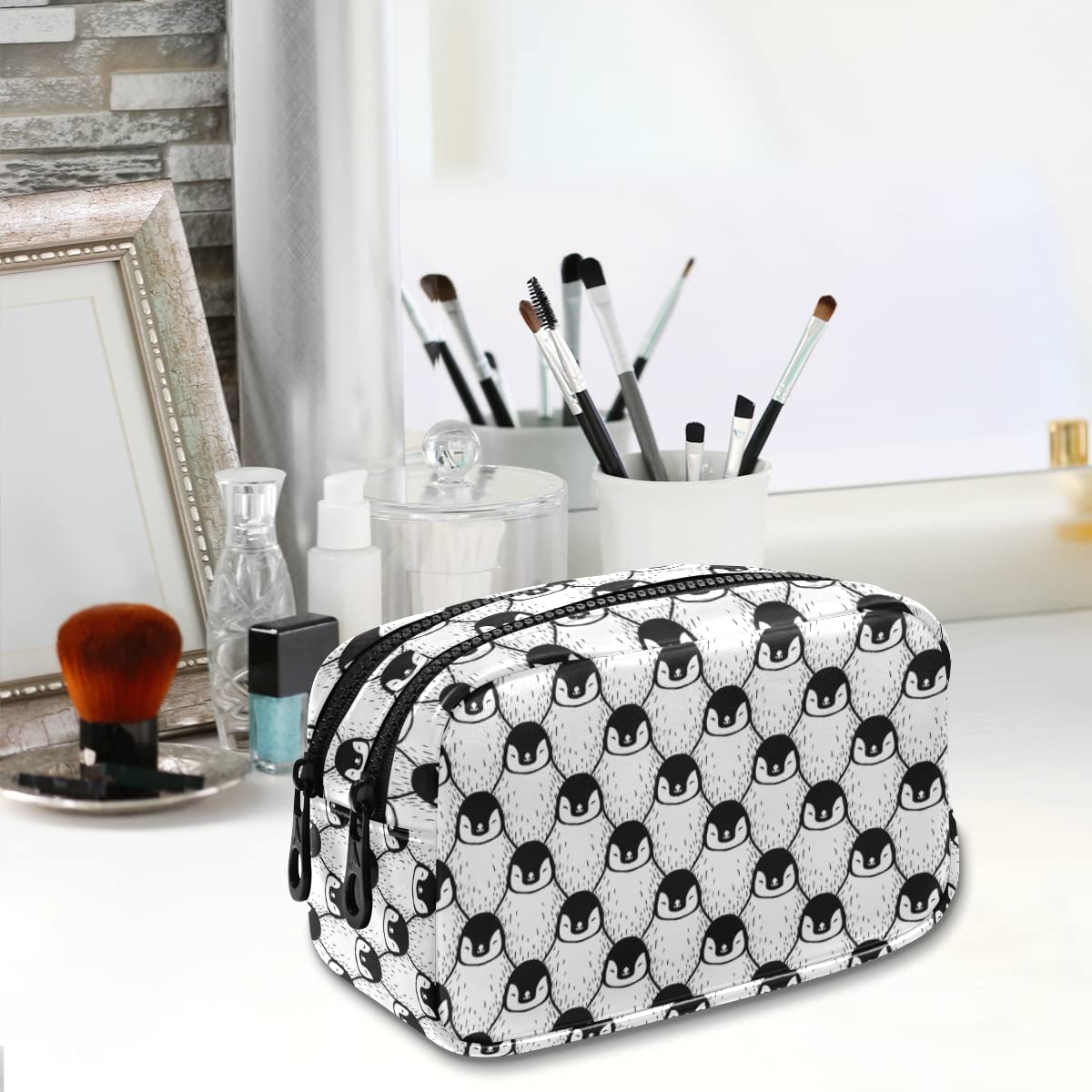 Cute Penguin Print Leather Pencil Case with Zipper - 2 Compartment Pen Pouch for Women & Girls, Makeup Bag & Toiletry Organizer - Perfect for School, Office, Travel & Daily Essentials Storage