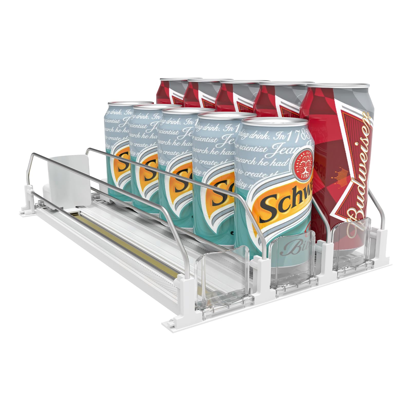Adjustable Self-Pushing Soda Can Dispenser for Refrigerator - White Drink Organizer with Automatic Pusher Glide - Fridge Storage Solution for Soda Cans, Beer & Beverages - Perfect for Kitchens, Offices & Game Rooms