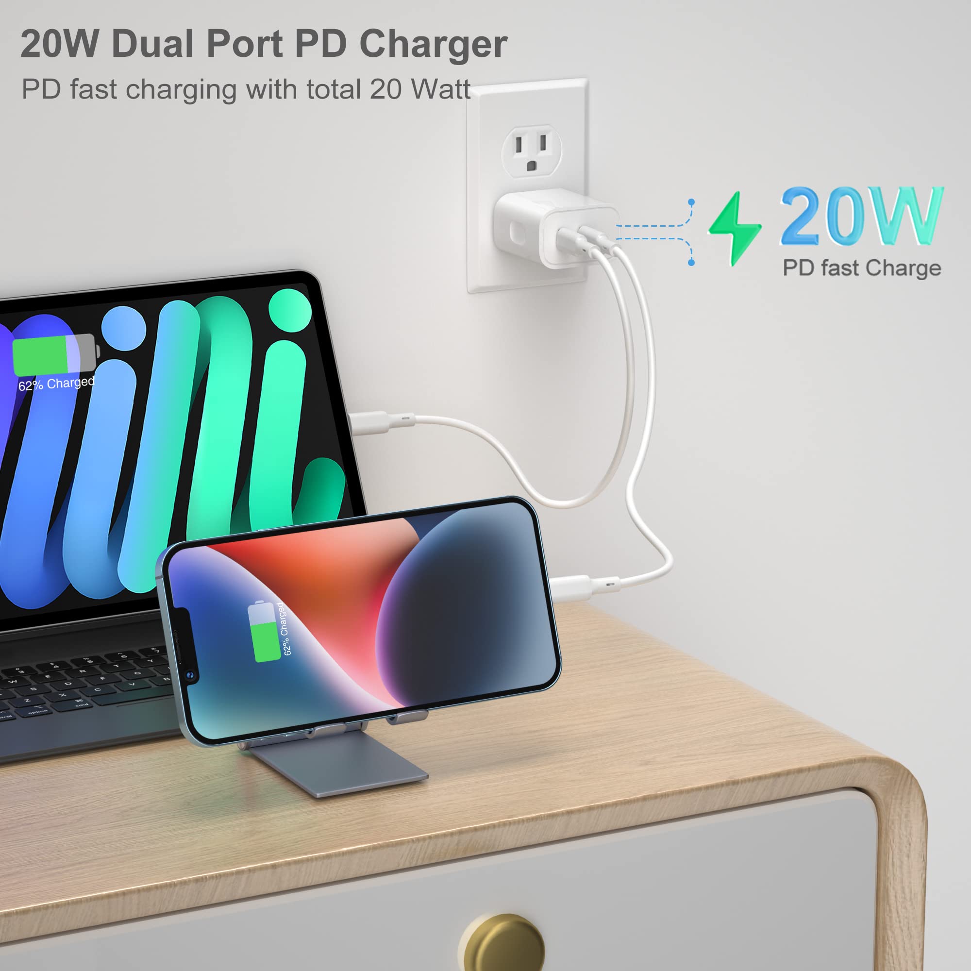 20W Dual Port USB C Fast Charger Block with 6FT USB C to C Cable - PD Compatible Wall Adapter for iPhone 16/15 Pro Max/Plus, iPad Pro, Pixel 8/7 - White | Perfect for Home, Office & Travel Charging