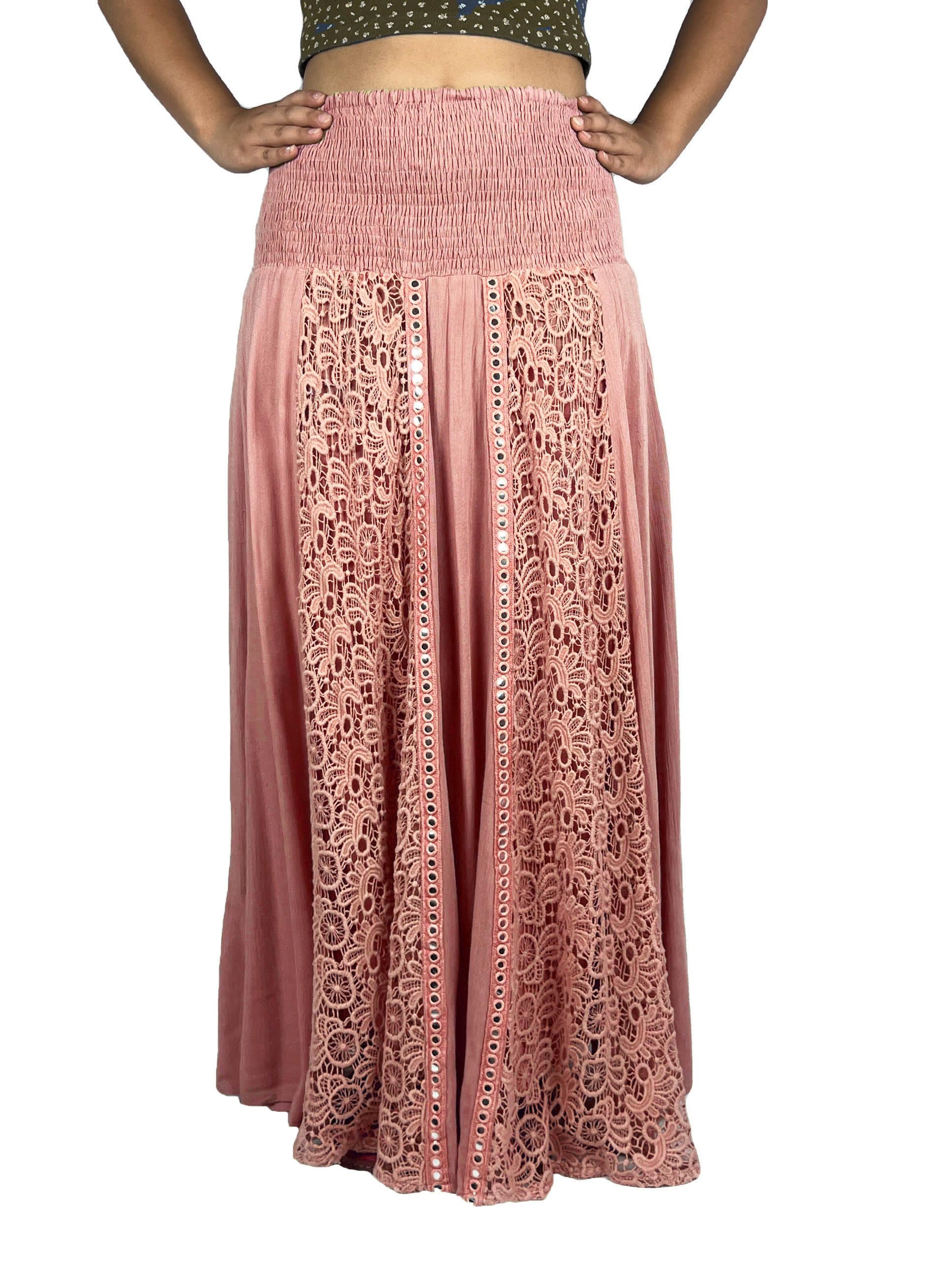 Agan Traders Women's Bohemian Maxi Skirt - Soft Rayon Smocked Elastic Waist Long Gypsy Skirt for Spring 2025 | Perfect for Beach, Music Festivals & Boho Chic Outfits