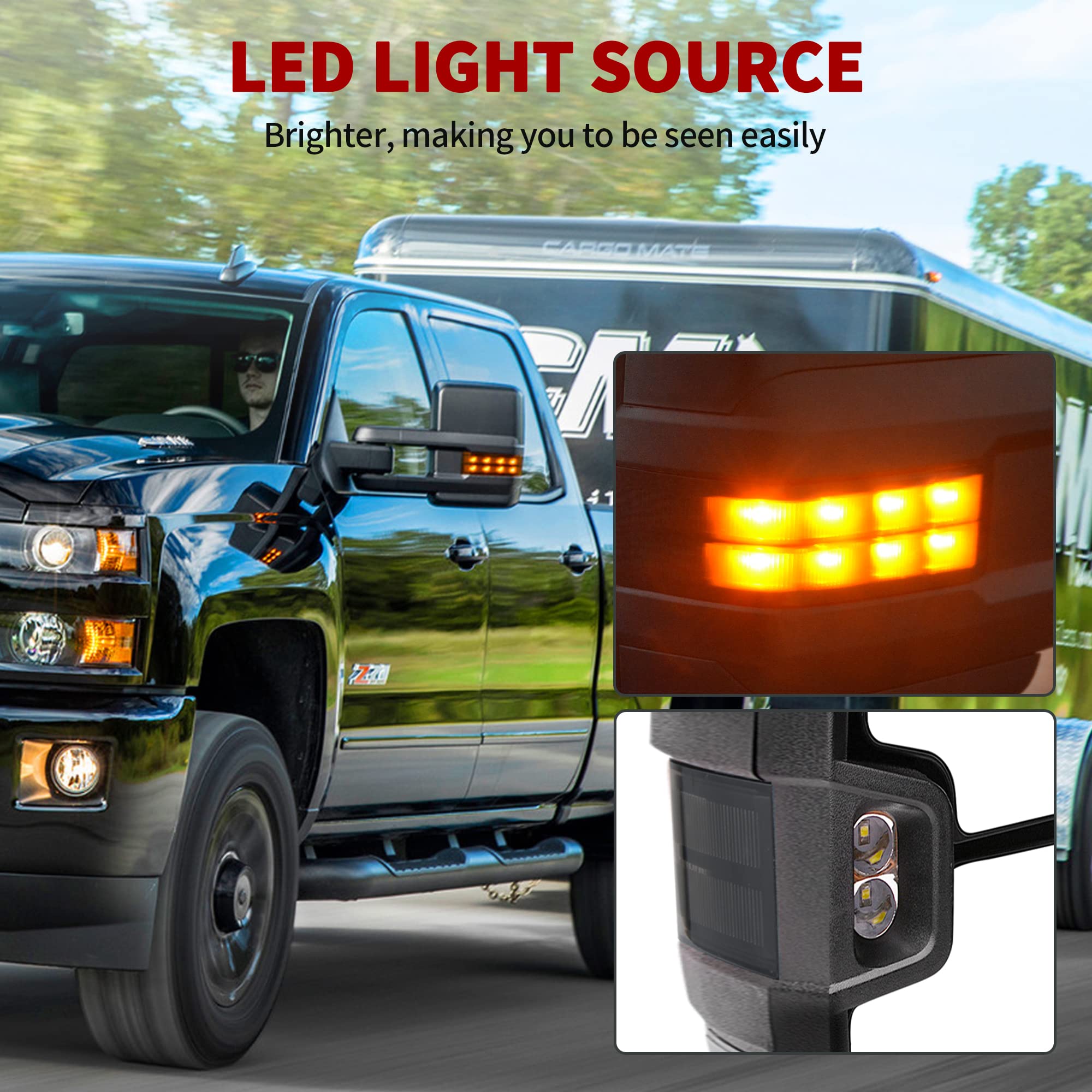 YITAMOTOR Power Heated LED Towing Mirrors with Signal & Reverse Lights - Compatible with Chevy Silverado 2007-2013 & GMC Sierra All Models - Perfect for Towing, Camping & Off-Road Adventures
