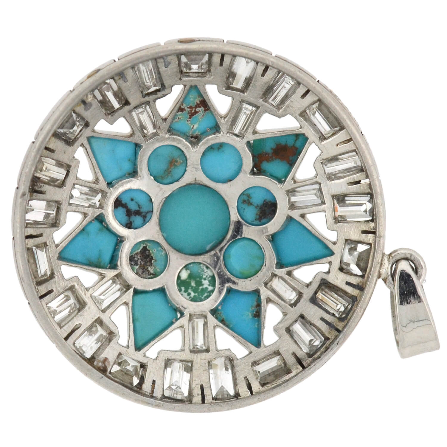 Art Deco Platinum Turquoise and Diamond Starburst Pendant Necklace - 3.00ctw Vintage Jewelry for Women - Perfect for Evening Gala, Wedding & Special Occasions