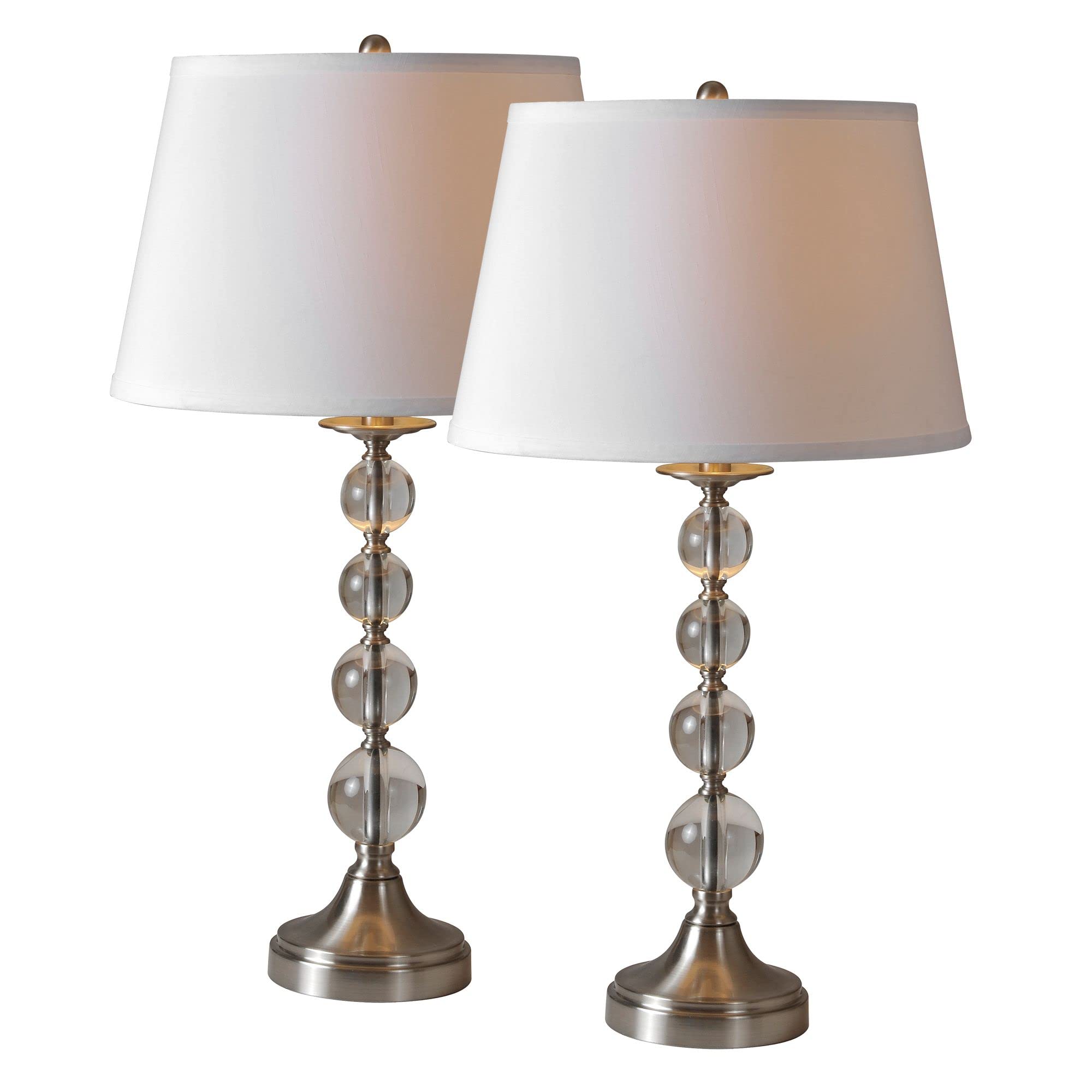 Set of 2 Glossy Crystal and Beige Table Lamps with Off White Drum Shades 28