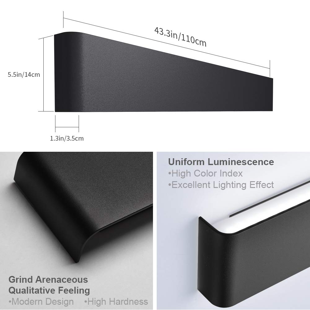 Aipsun 43.3 Inch 40W Modern Black Vanity Light Fixture - LED Bathroom Wall Sconce with Up & Down Lighting - 5000K White Light for Bathroom, Dressing Room & Makeup Area