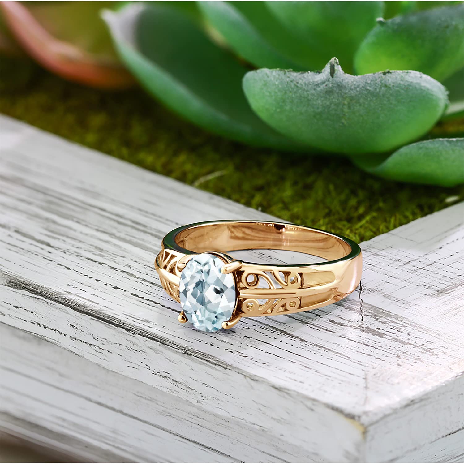 1.20 Ct Oval Sky Blue Aquamarine Ring - 18K Yellow Gold Plated Sterling Silver - Gem Stone King - Perfect for Engagement, Anniversary & Everyday Wear