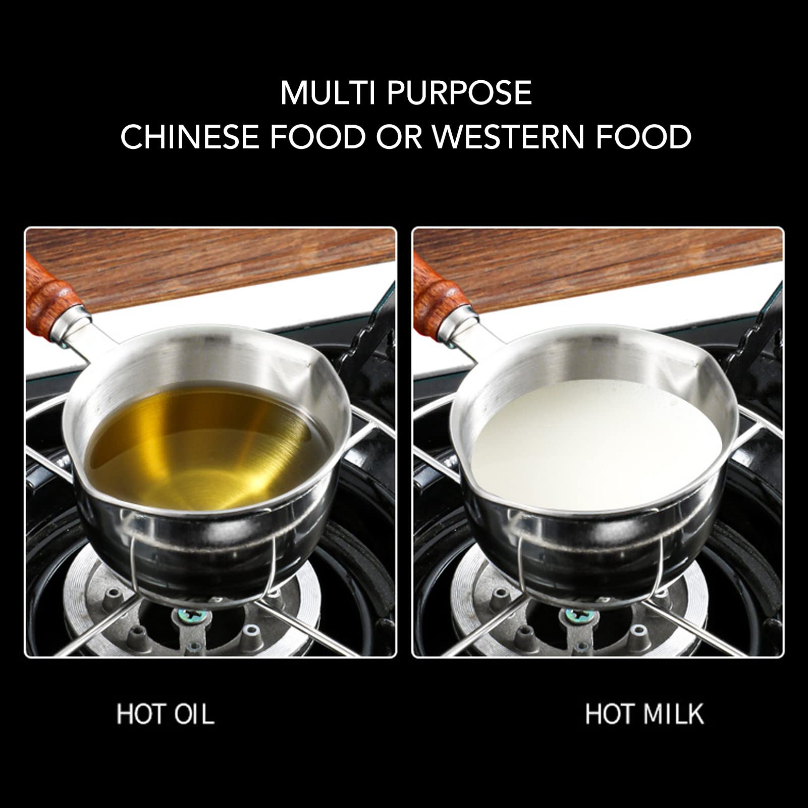 200ml Stainless Steel Milk Pot & Butter Melting Pot with Dual Pour Spouts - Multipurpose Sauce Pan for Coffee, Tea, Chocolate & Cooking - Wooden Handle & Dishwasher Safe - Perfect for Kitchen, Cafe & Home Use