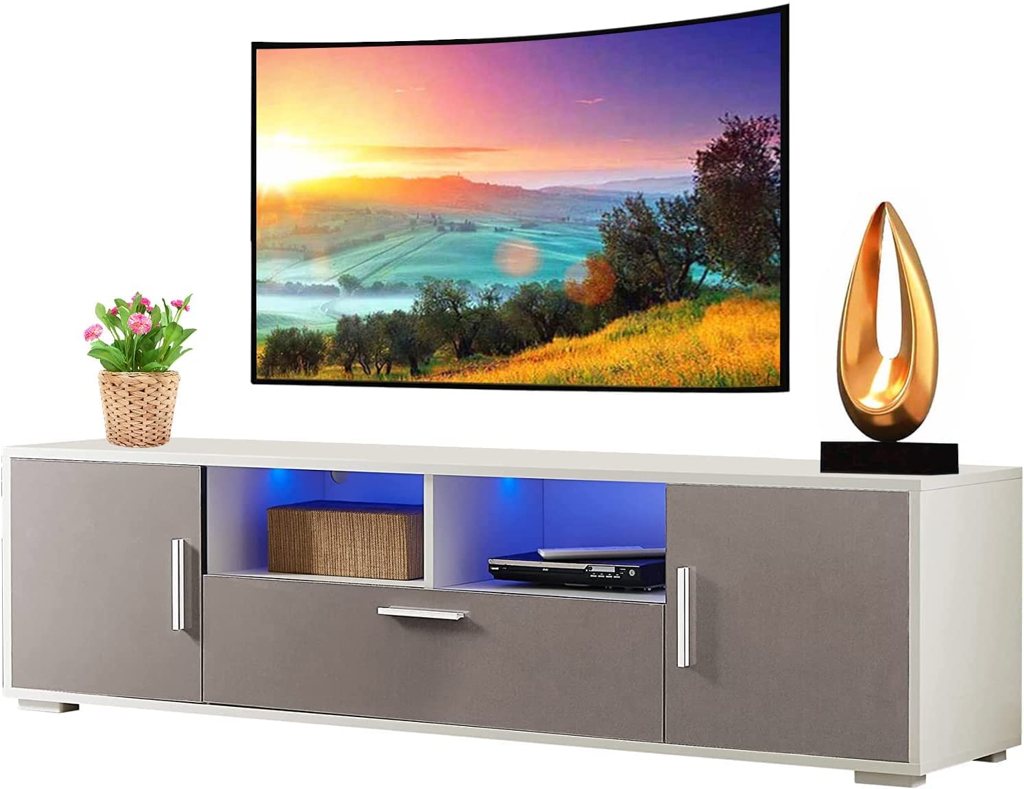 70 Inch TV Stand with LED Lights & Storage Drawers - Modern Entertainment Center for 50-75 Inch TVs, Grey Media Console Table - Perfect for Living Room, Gaming & Movie Nights
