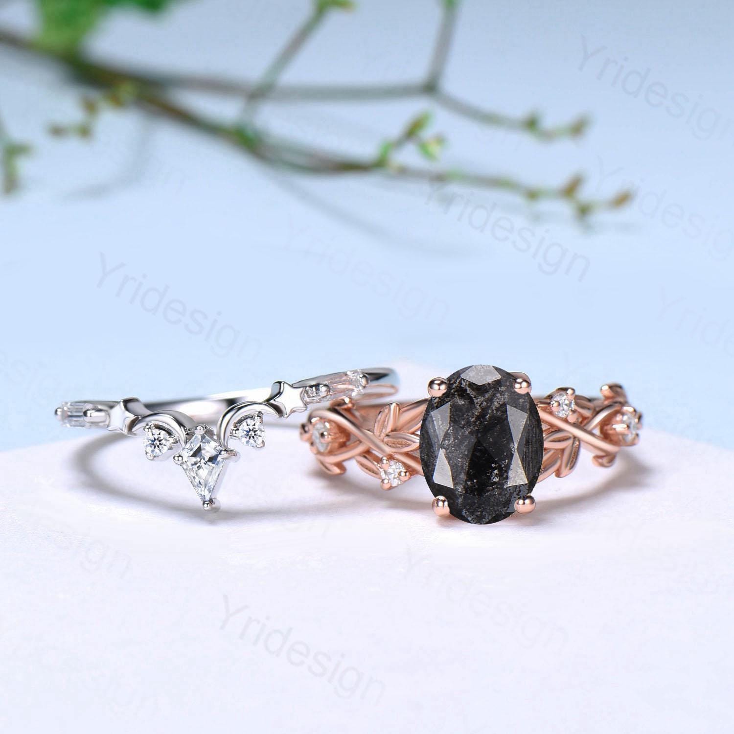 1.5CT Oval Salt and Pepper Diamond Engagement Ring Set - Nature Inspired Wedding Band, Unique Moon & Star Stackable Ring - Anniversary Gift for Her - Perfect for Proposals, Weddings & Special Occasions