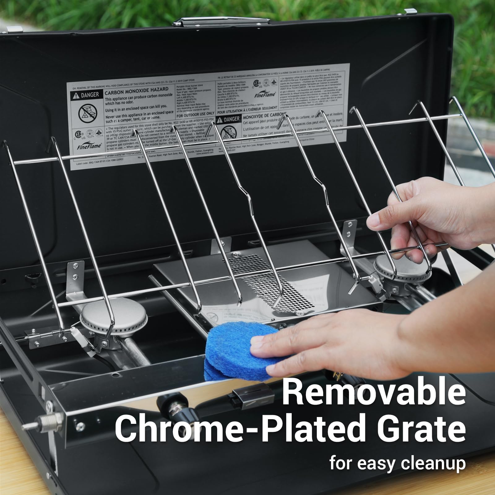 **3 Burner Camping Stove 20400 BTU - Portable Propane Stove with Regulator, Toast Tray & Windshield - Perfect for Car Camping, BBQ, Picnics & Outdoor Cooking**    *(Use Cases: Ideal for camping trips, tailgating, backyard cookouts, beach picnics, RV adventures, and emergency preparedness.)*
