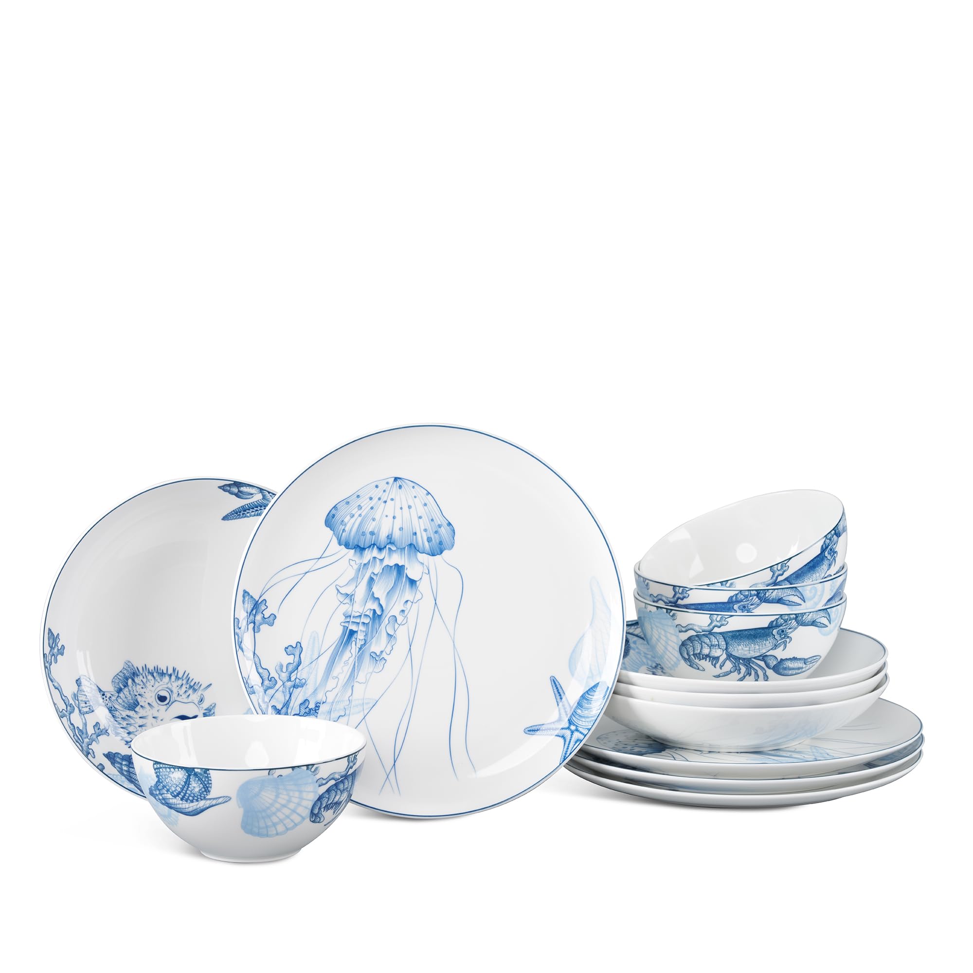 12-Piece Porcelain Dinnerware Set - Microwave, Oven & Dishwasher Safe Plates & Bowls - Ocean Blue Ceramic Tableware for Family Gatherings, Thanksgiving, Christmas & New Year - Perfect for Holiday Dinners & Everyday Use