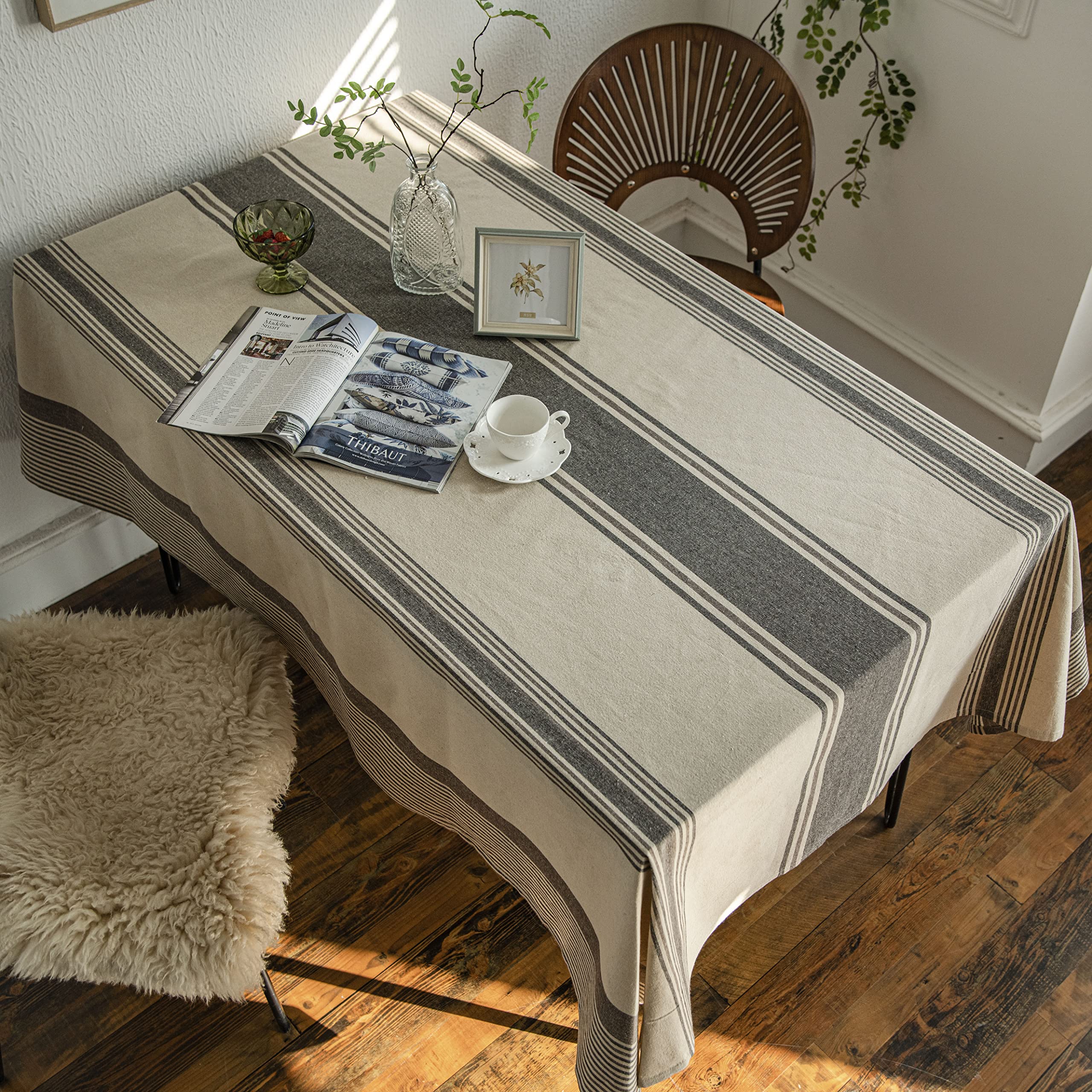 ArtBud Heavy Duty Burlap Cotton Linen Tablecloth - Farmhouse Style Striped Rectangle Table Cover 55
