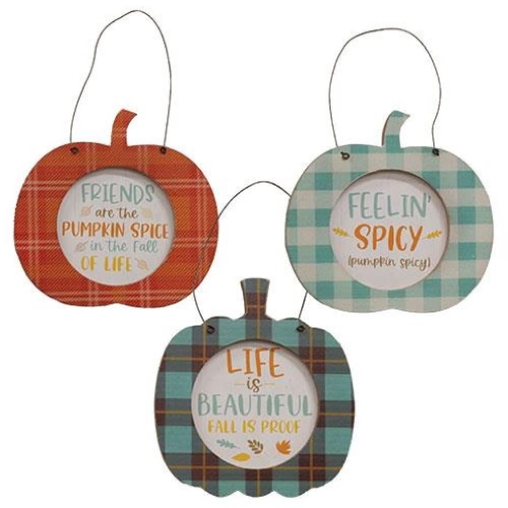 Fall Plaid Pumpkin Hangers - Set of 3 Assorted Seasonal Decorations for Autumn Porch, Mantel, and Thanksgiving Home Decor