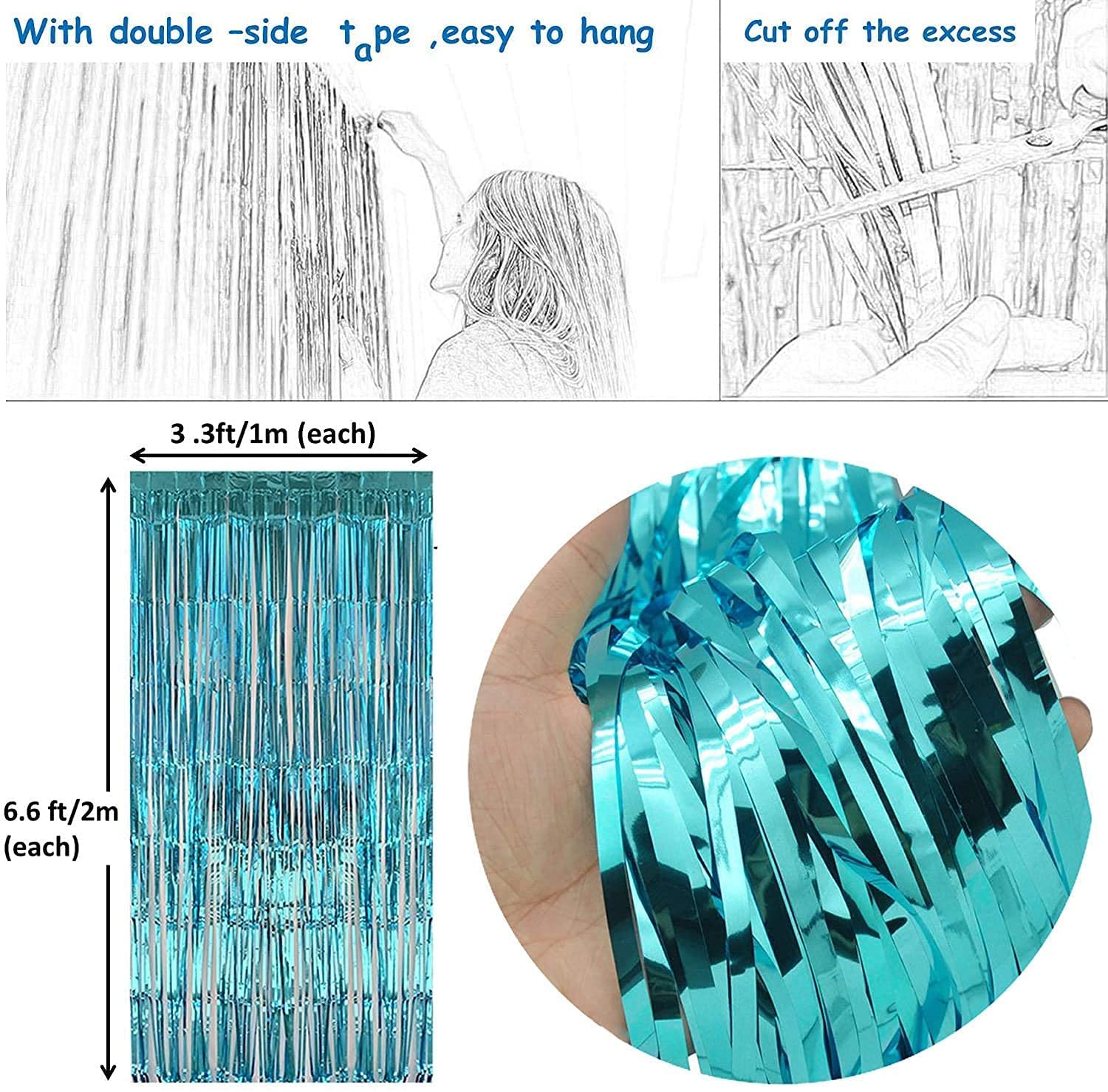 2025 Graduation Party Decorations - Turquoise, Black & Silver Foil Fringe Curtains | Photo Backdrop for Graduation Ceremony & Women's Birthday Celebration | Perfect for Graduation Photos, Party Decor & Event Backgrounds
