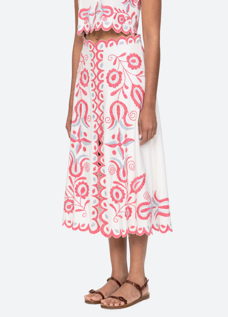 Sea New York Eevi Embroidered Twill Midi Skirt for Women - Floral Stitched A-Line Skirt with Pockets | Perfect for Office, Date Night & Spring Outfits