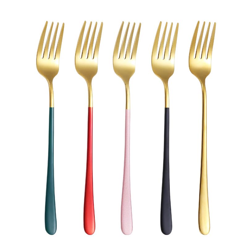 Stainless Steel Long Handle Forks Set - 6-Piece Pink Gold Fruit Forks, Dinner Forks, Salad Forks for Camping, Bento, Restaurant & Kitchen Cutlery Accessories - Perfect for Picnics, Parties & Outdoor Dining