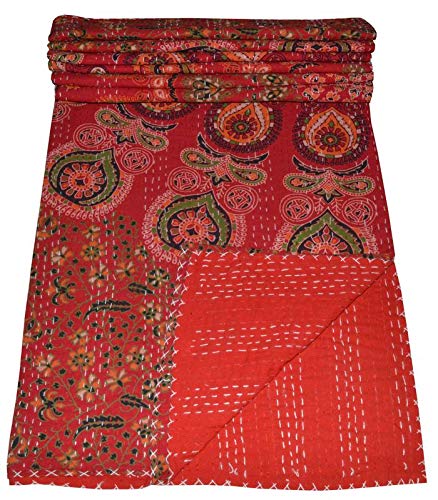Red Peacock Mandala Tapestry Throw Blanket - Twin Size Indian Kantha Embroidered Quilt 80x50 Inches - Bohemian Bedspread for Home Decor, Yoga Studio & Dorm Room