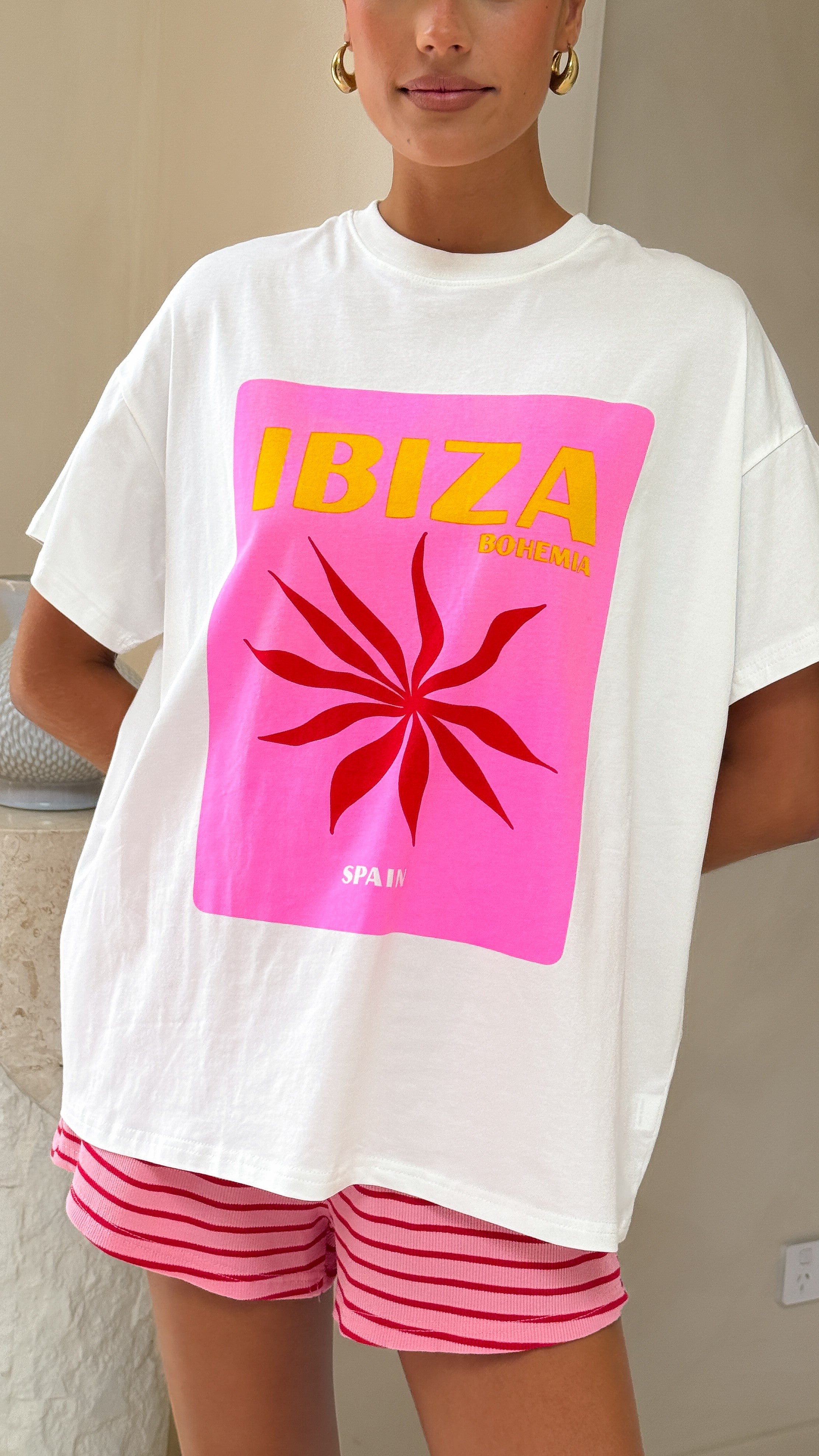 Ibiza Spain Women's Summer Outfit - Pink & Red Top and Shorts Set for Beach Vacation & Party Wear