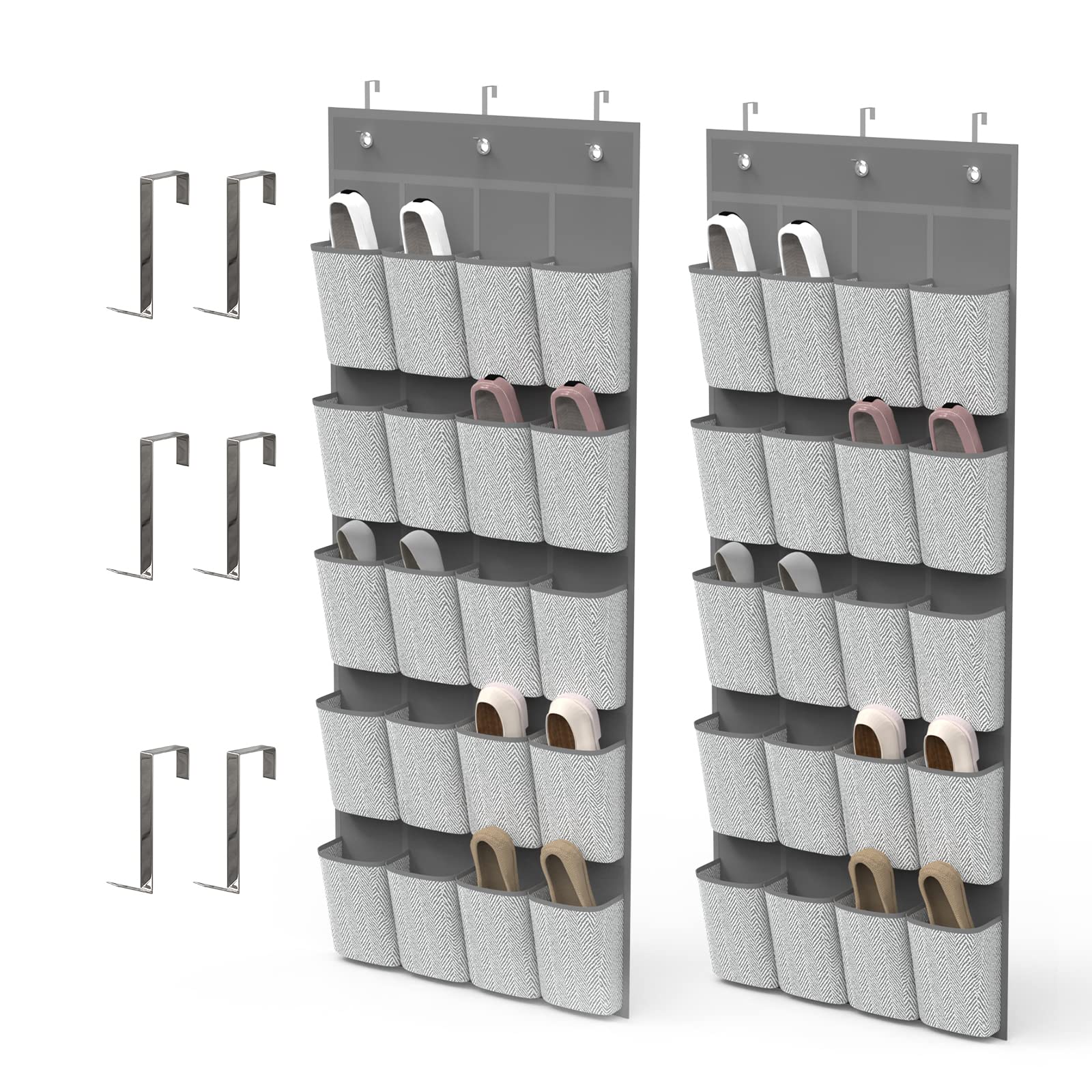 20-Pocket Over Door Shoe Organizer with 6 Sturdy Hooks - 2 Pack Space-Saving Hanging Shoe Storage for Sneakers, High Heels & Boots - Perfect for Closet Doors, Dorm Rooms & Small Apartments (Gray)