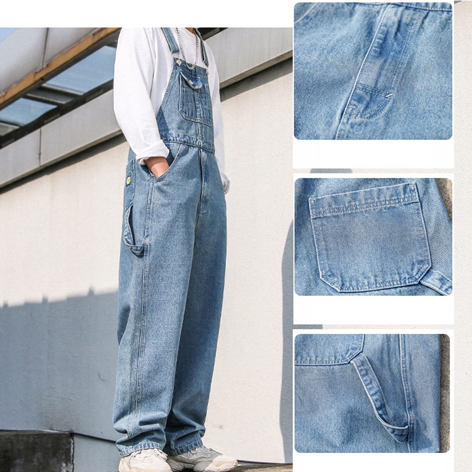 WIITON Men's Denim Bib Overalls - Stone Wash Blue Dungarees with Multiple Pockets for Workwear, Construction, Farming & Outdoor Activities