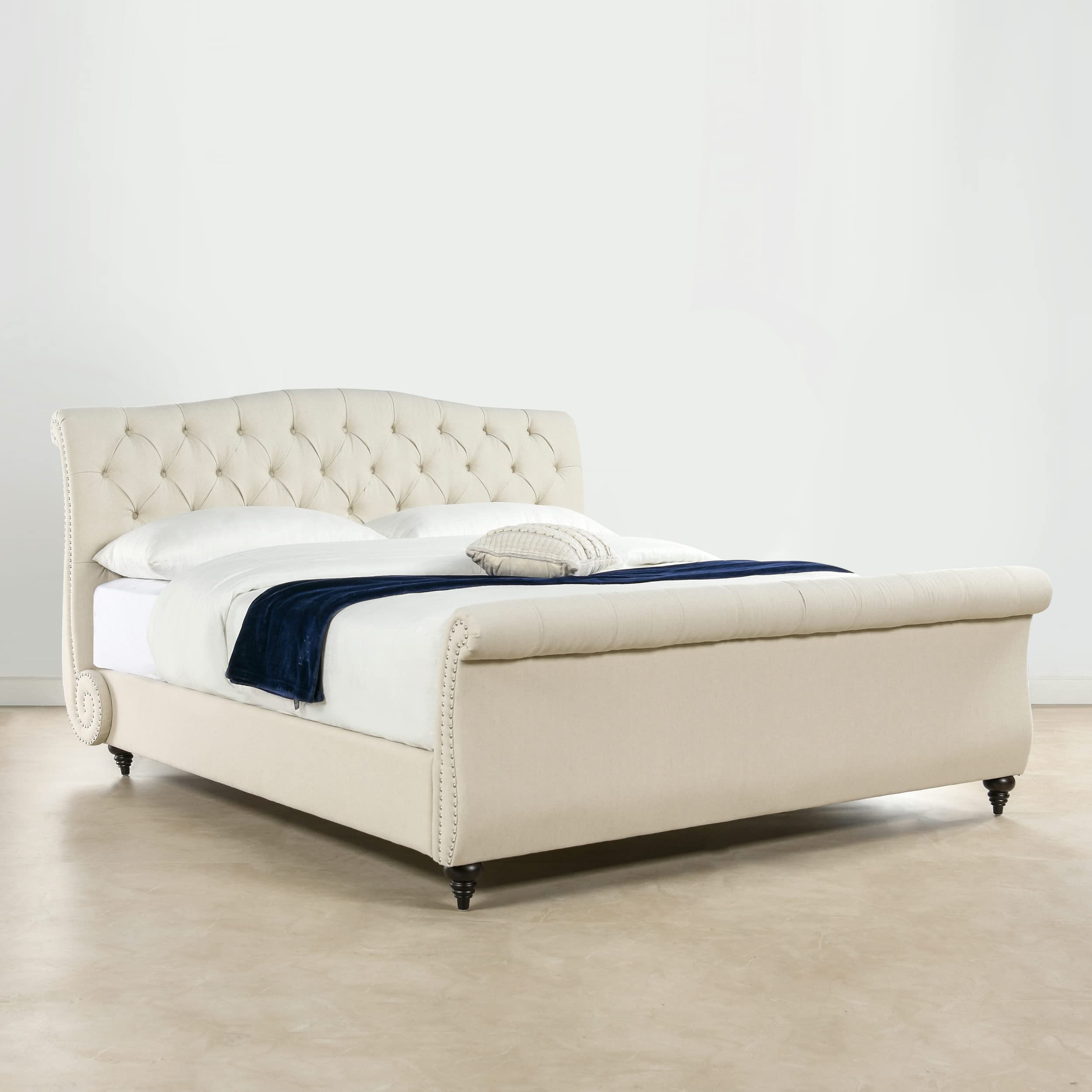 Jennifer Taylor Home Nautilus King Bed Frame with Headboard & Footboard - Light Beige Linen Fabric - King Size (US Standard) - Modern Coastal Bedroom Furniture for Master Suite & Guest Room