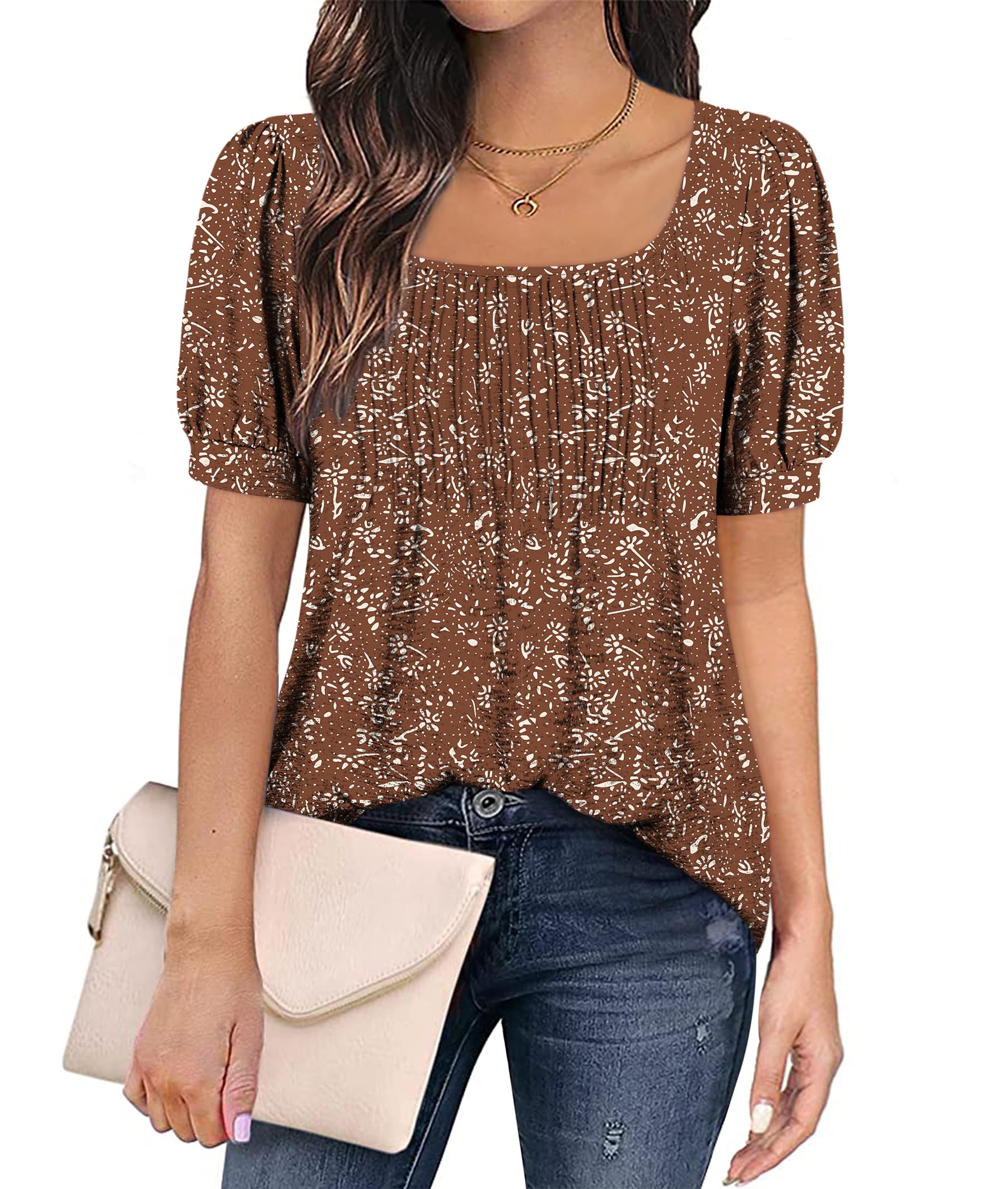 Zwurew Women's Summer Casual Puff Short Sleeve T-Shirt - Square Neck Pleated Flowy Tunic Top for Leggings (S-2XL) | Trendy Blouse for Outfits, Beach Wear & Daily Fashion