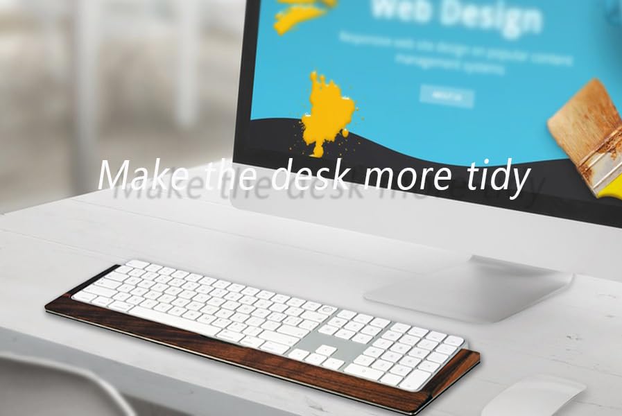 Premium SAMDI Apple iMac Stand Base with Stainless Steel/Wooden Keyboard Tray - Magic Keyboard Mounting Platform in Black Walnut - Perfect for Home Office & Workspace Organization