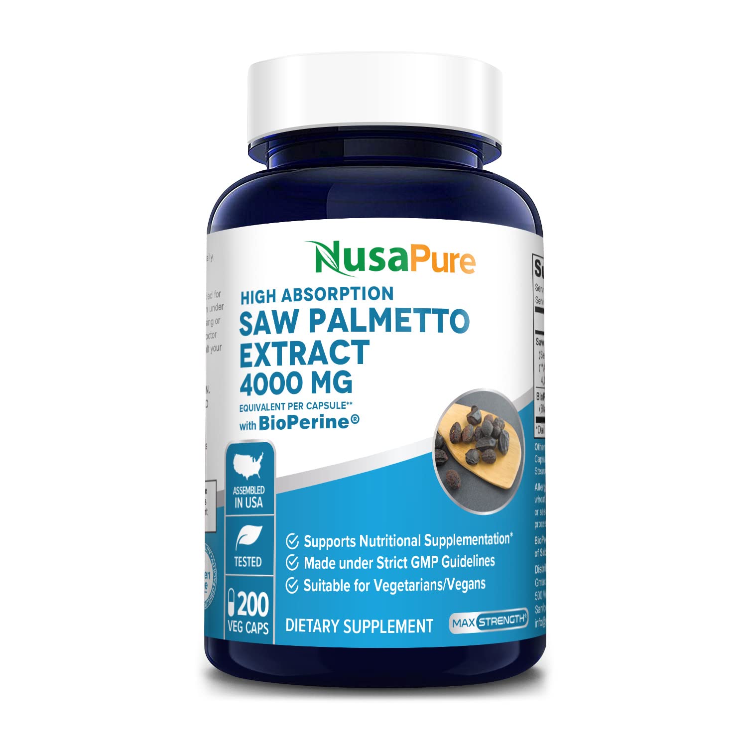 NusaPure Saw Palmetto 4,000mg per Veggie Capsule - 200 Count (20:1 Extract, Non-GMO, Gluten Free, Vegetarian with Bioperine) - Supports Prostate Health & Urinary Function for Men