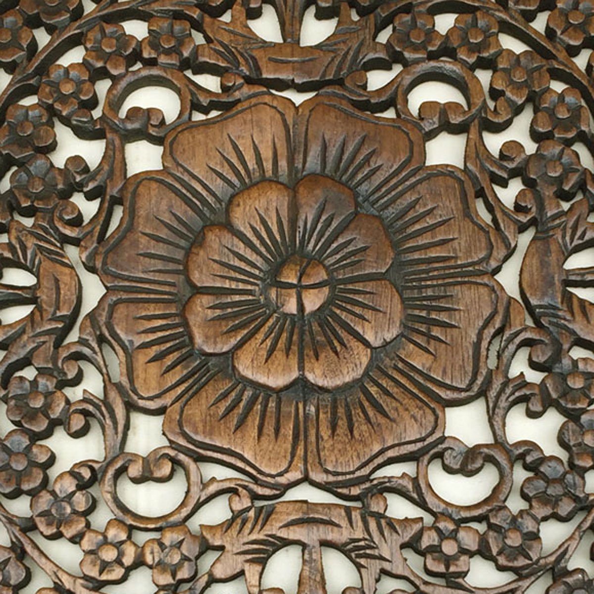 Tropical Bali Wood Carved Wall Art Plaque - Round Floral Wood Wall Decor Hanging, 24