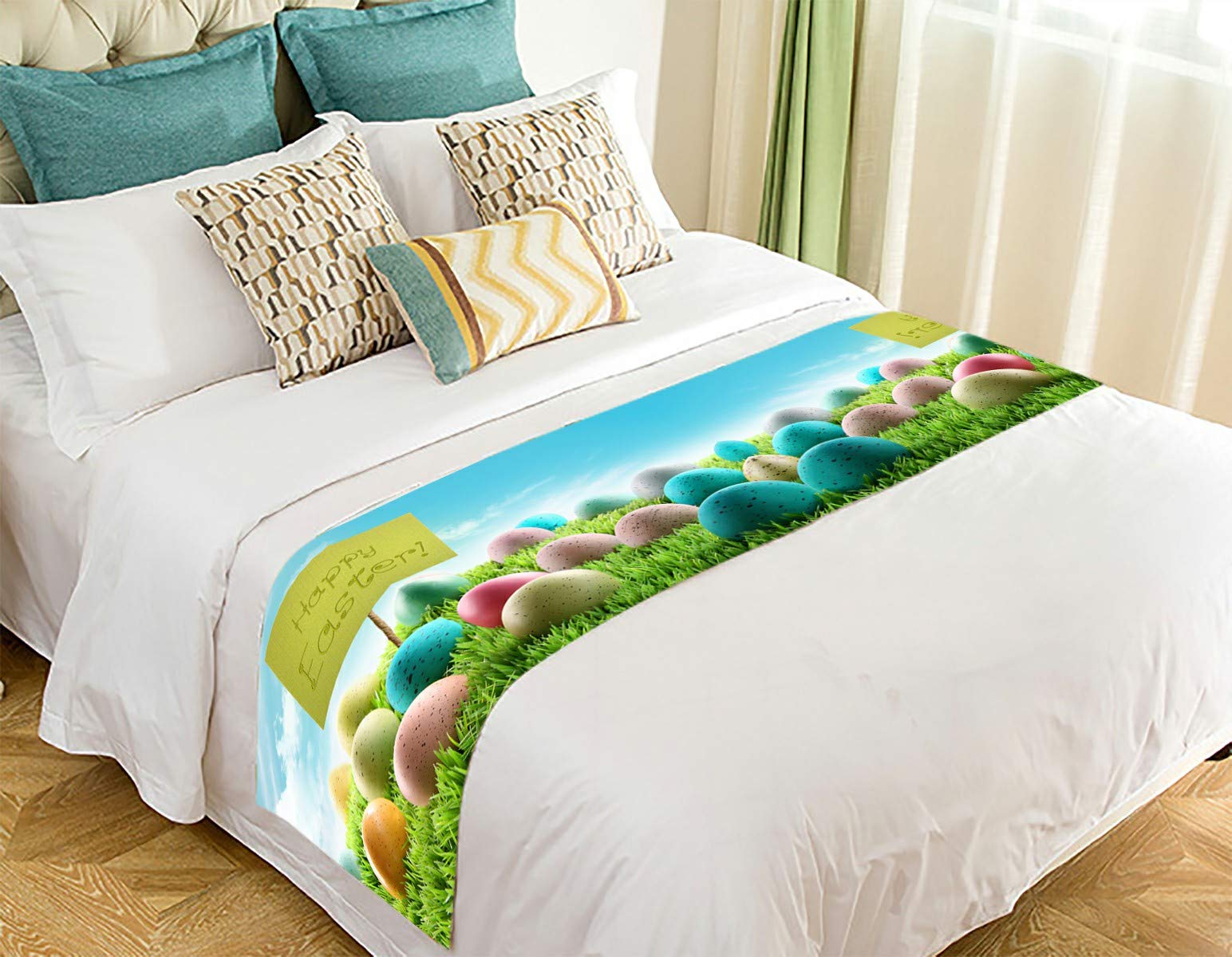 Vibrant Easter Eggs in Grass Field - Blue Sky Bed Runner Scarf, 20x95 Inch - Spring Home Decor for Bedroom, Living Room, Easter Party Decoration