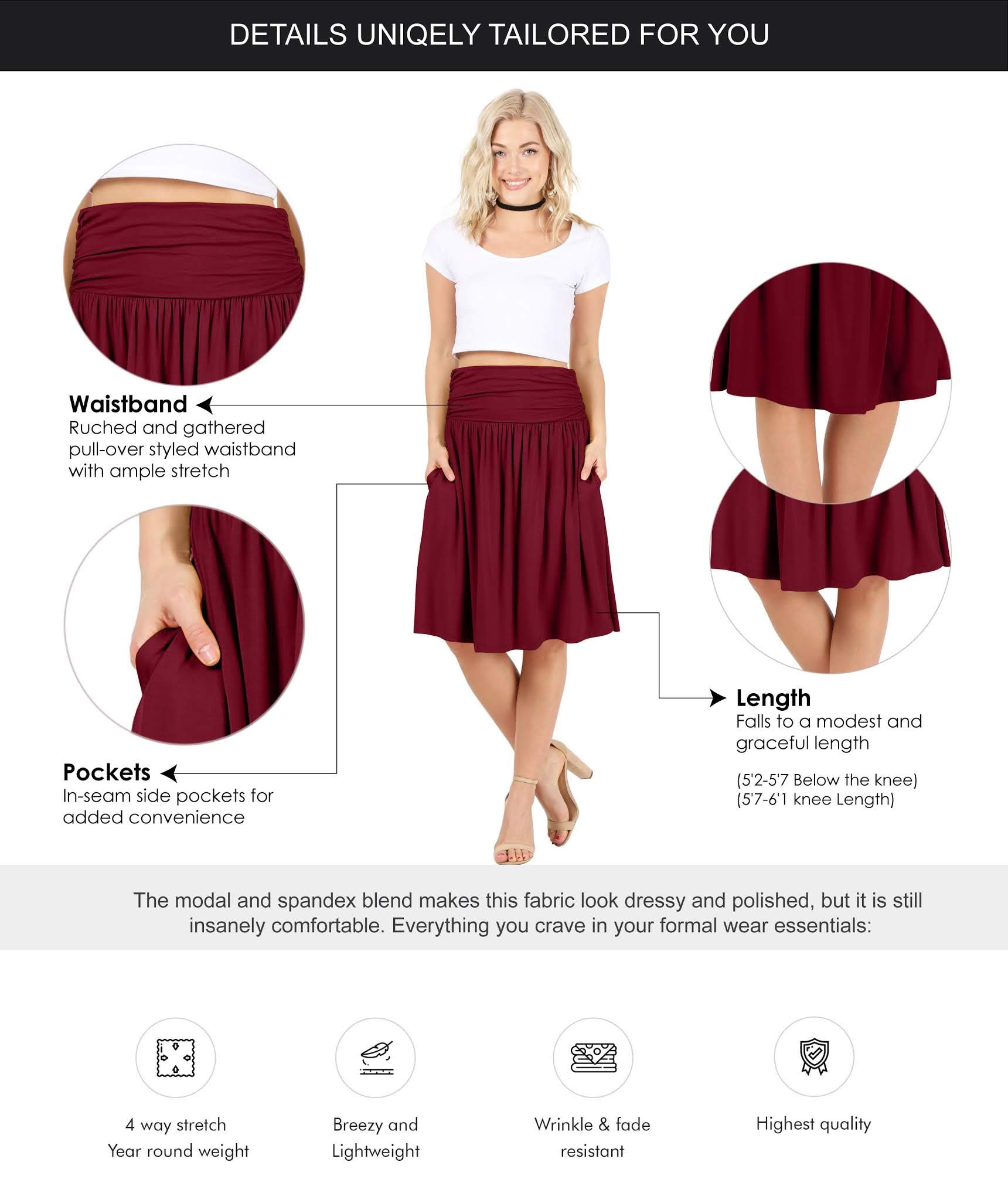 Women's Stretchy Ruched Midi Skirt with Pockets - Regular & Plus Size Flowy Below Knee Skirt for Work, Date Night & Casual Outfits | Simlu Fashion