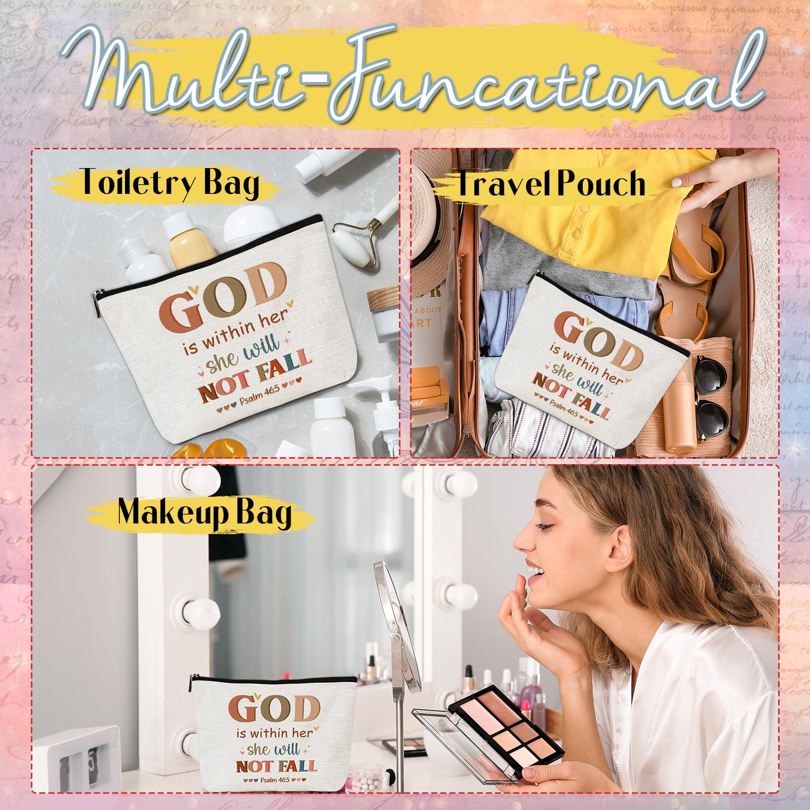 Christian Makeup Bag for Women - Bible Verse Cosmetic Pouch with 'God is Within Her She Will Not Fall' Design, Religious Faith Gift for Sister & Friends - Perfect for Birthday, Christmas & Daily Devotional Use