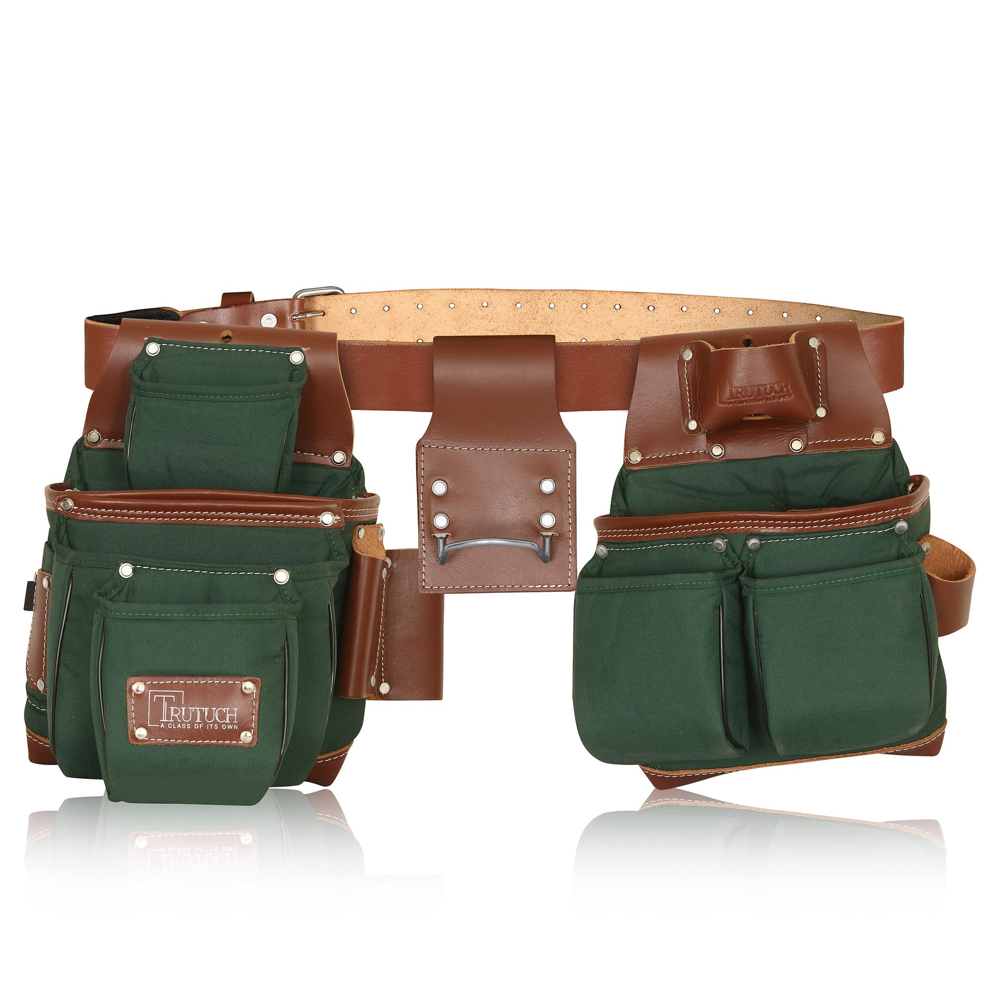 Durable Nylon & Leather Tool Belt for Carpenters, Electricians & Construction Workers - Heavy Duty Framing Tool Bag with Pouch - Perfect for Job Sites & DIY Projects (Green)
