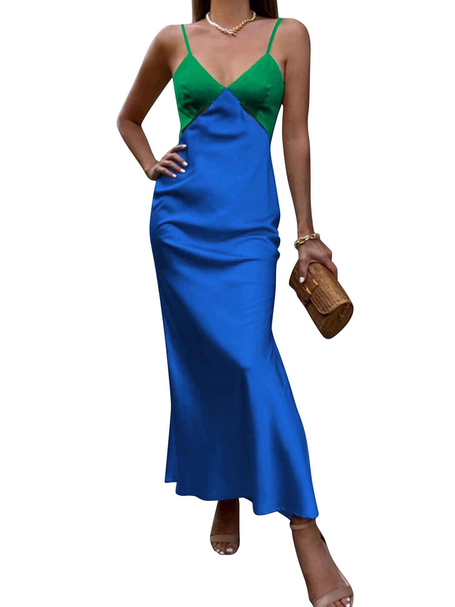 WZTYYDS Women's Elegant Long Slip Dress - Summer Casual Contrast Color V-Neck Sleeveless Slim Beach Dress (Green Blue, Size M) | Perfect for Beach Vacations, Date Nights & Summer Parties