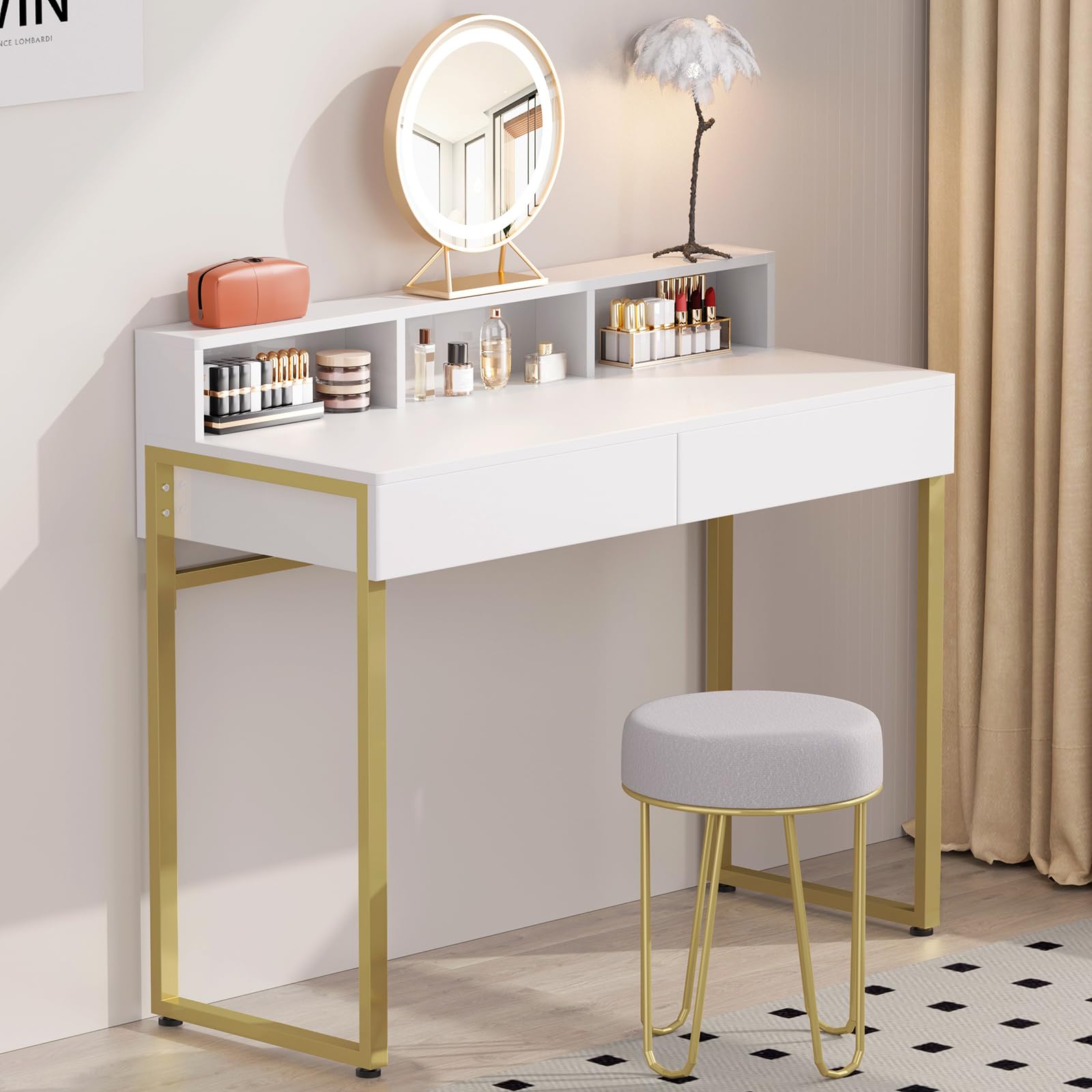 Modern White Vanity Desk with Drawers & Gold Legs for Bedroom & Home Office