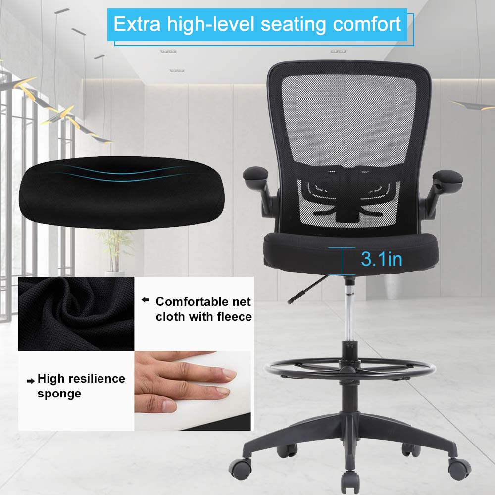Ergonomic Drafting Chair with Lumbar Support - Adjustable Height Mesh Office Chair with Foot Ring & Swivel Base - Comfortable Computer Desk Chair for Standing Workstations, Home Office & Studio Use
