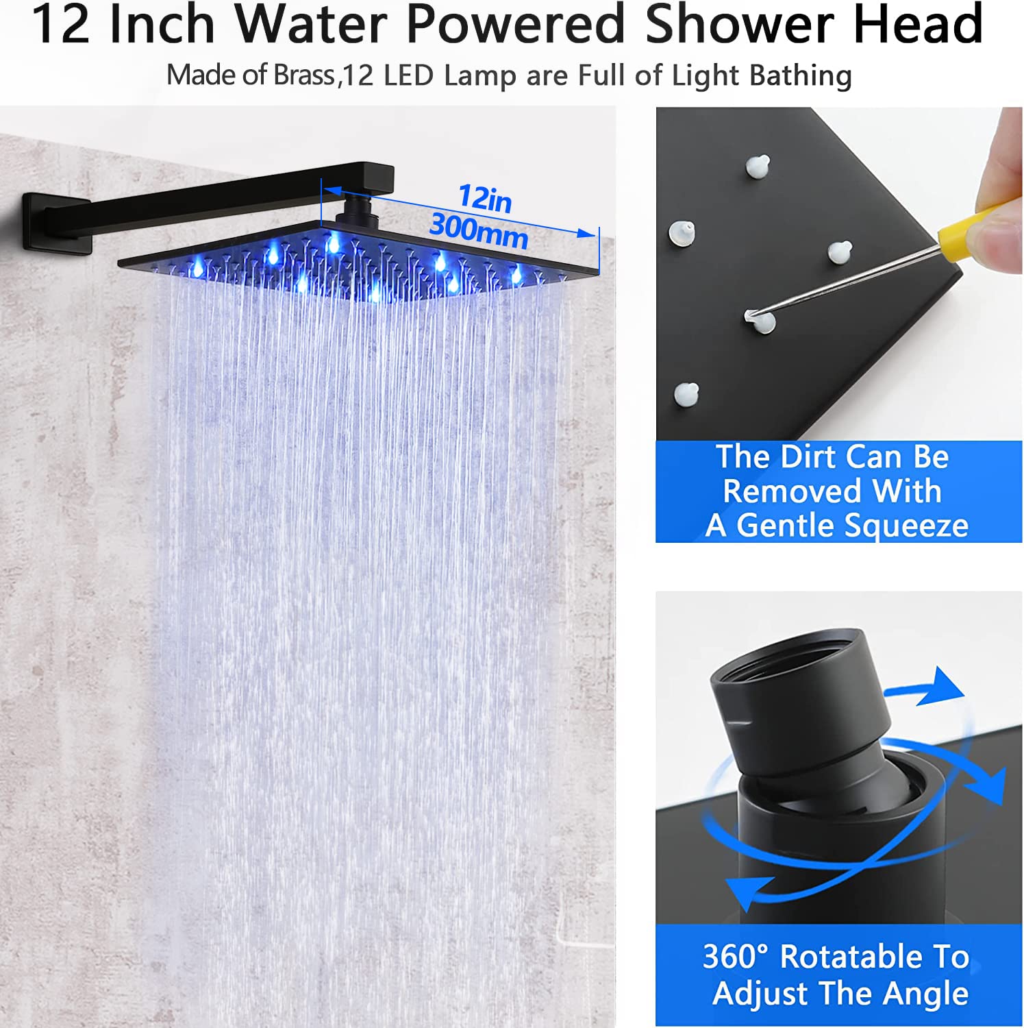 SKOWLL Matte Black Rainfall Shower Head Set - 12 Inch LED Shower System with 2-Function Valve Kit, Wall Mount Overhead Shower Faucet for Bathroom & Spa Experience | Modern Black Shower Head and Handle Combo