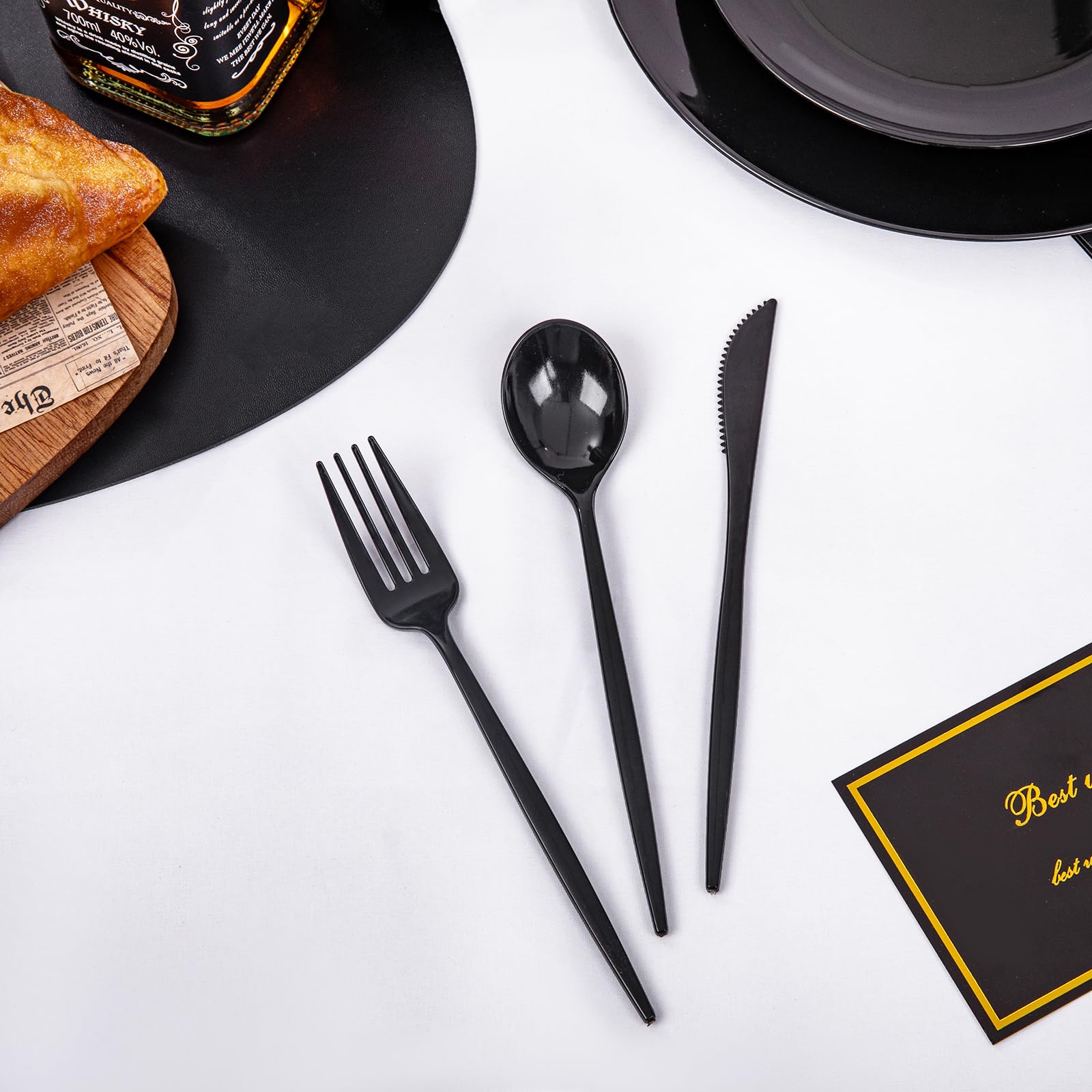 PULOTE 150-Piece Heavy Duty Black Plastic Silverware Set - Disposable Cutlery Kit with 50 Forks, 50 Spoons & 50 Knives - Durable Plastic Utensils for Parties, Weddings, Picnics, BBQ, Catering, Events & Holiday Gatherings - Perfect for Outdoor Dining, Family Reunions & Office Luncheons
