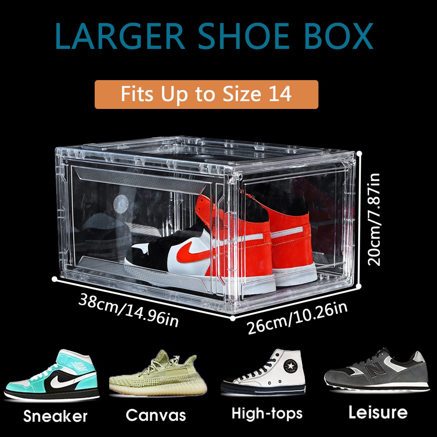 12 Pack Clear Acrylic Plastic Shoe Storage Boxes - Stackable, Foldable Drop Front Design with Lids - Fits Up to Size 15 Shoes - Space Saving Organizer for Closet, Bedroom & Entryway (Transparent)