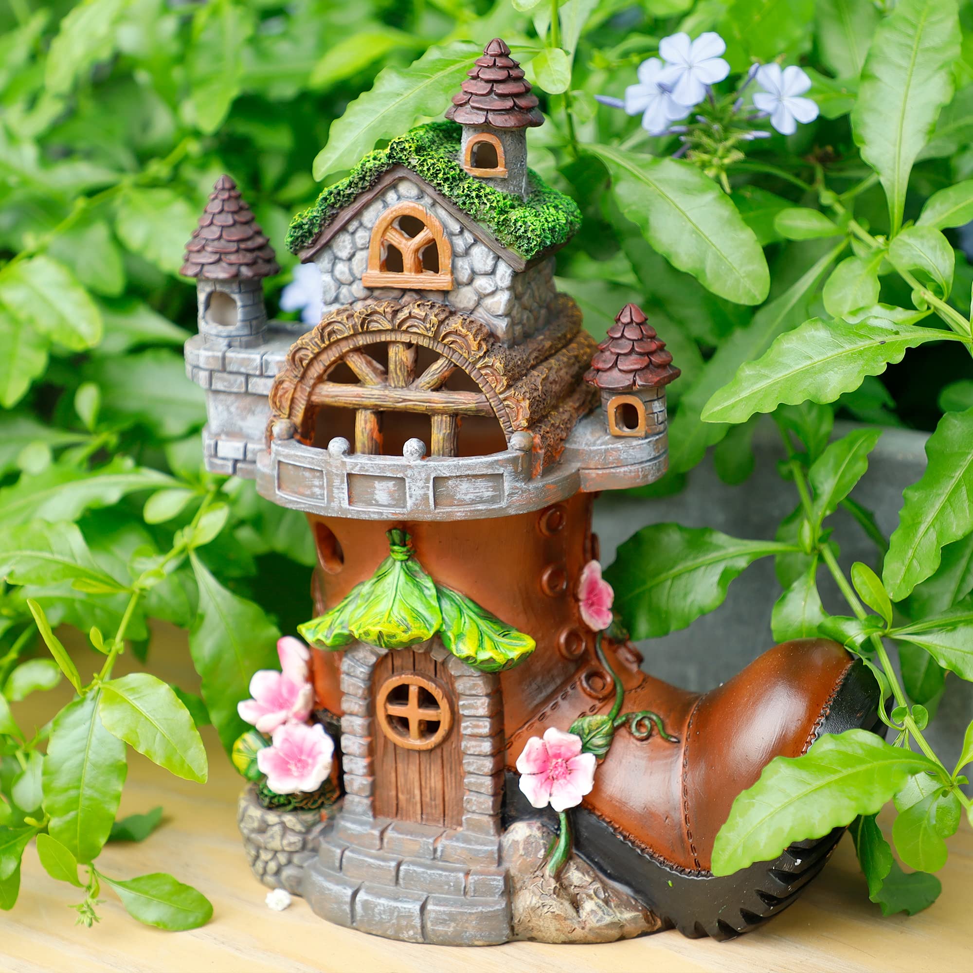FORUP 10 Inch Solar Powered Fairy House Garden Statue with Boots - Outdoor Fairy Garden Decor Kit with LED Lights for Patio, Lawn, Yard & Backyard - Perfect for Fairy Gardens, Flower Beds & Gift Giving