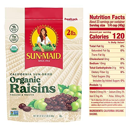 Organic Sun-Dried California Raisins - 32oz (2 Pack) Resealable Bag | No Sugar Added, Non-GMO, Vegan Snack | Perfect for Baking, Trail Mix, Yogurt Toppings & Healthy Lunchbox Treats