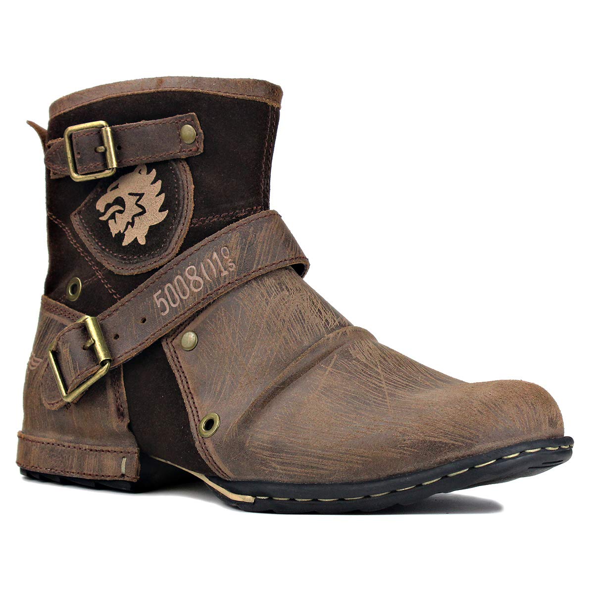 OSSTONE Men's Fashion Moto Boots - Zipper-Up Leather Chukka Boots, Casual Retro Style Shoes (OS-5008-1-DA1B1) - Perfect for Motorcycle Riding, Outdoor Adventures & Everyday Wear