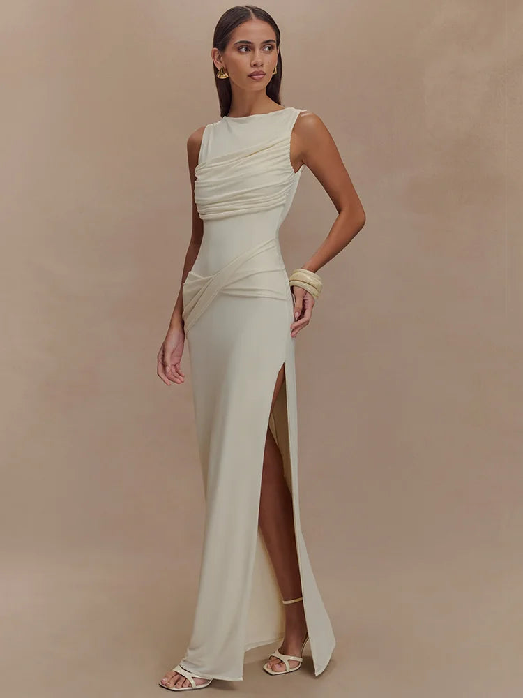 Sexy Backless Ruched Maxi Tank Dress for Women - Elegant O Neck Thigh High Split Bodycon Long Gown | Perfect for Summer Parties, Date Nights & Beach Vacations