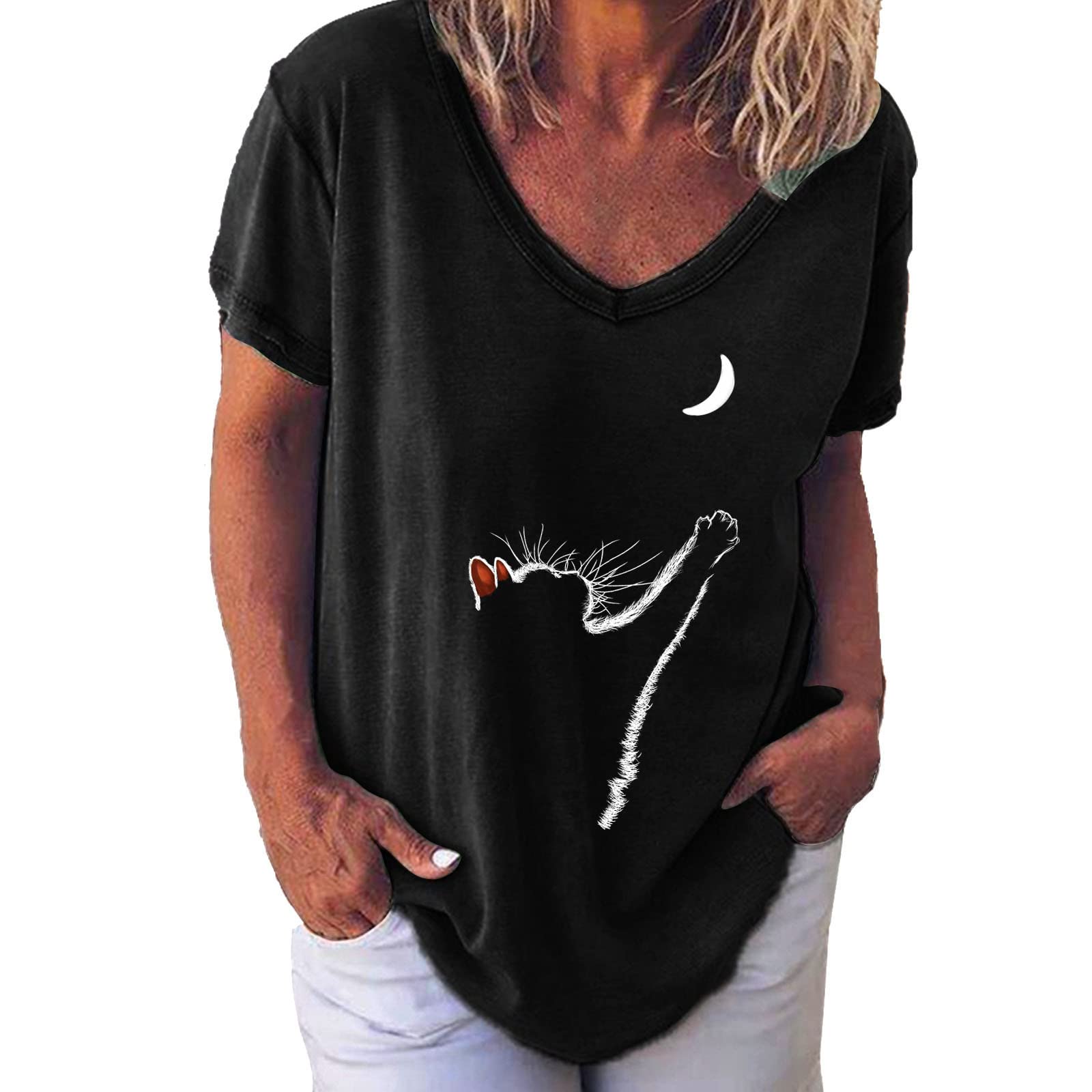 Cute Cat Graphic T-Shirts for Women - Oversized V-Neck Short Sleeve Summer Blouses & Casual Tops | Perfect for Daily Wear, Weekend Outfits, and Cat Lovers