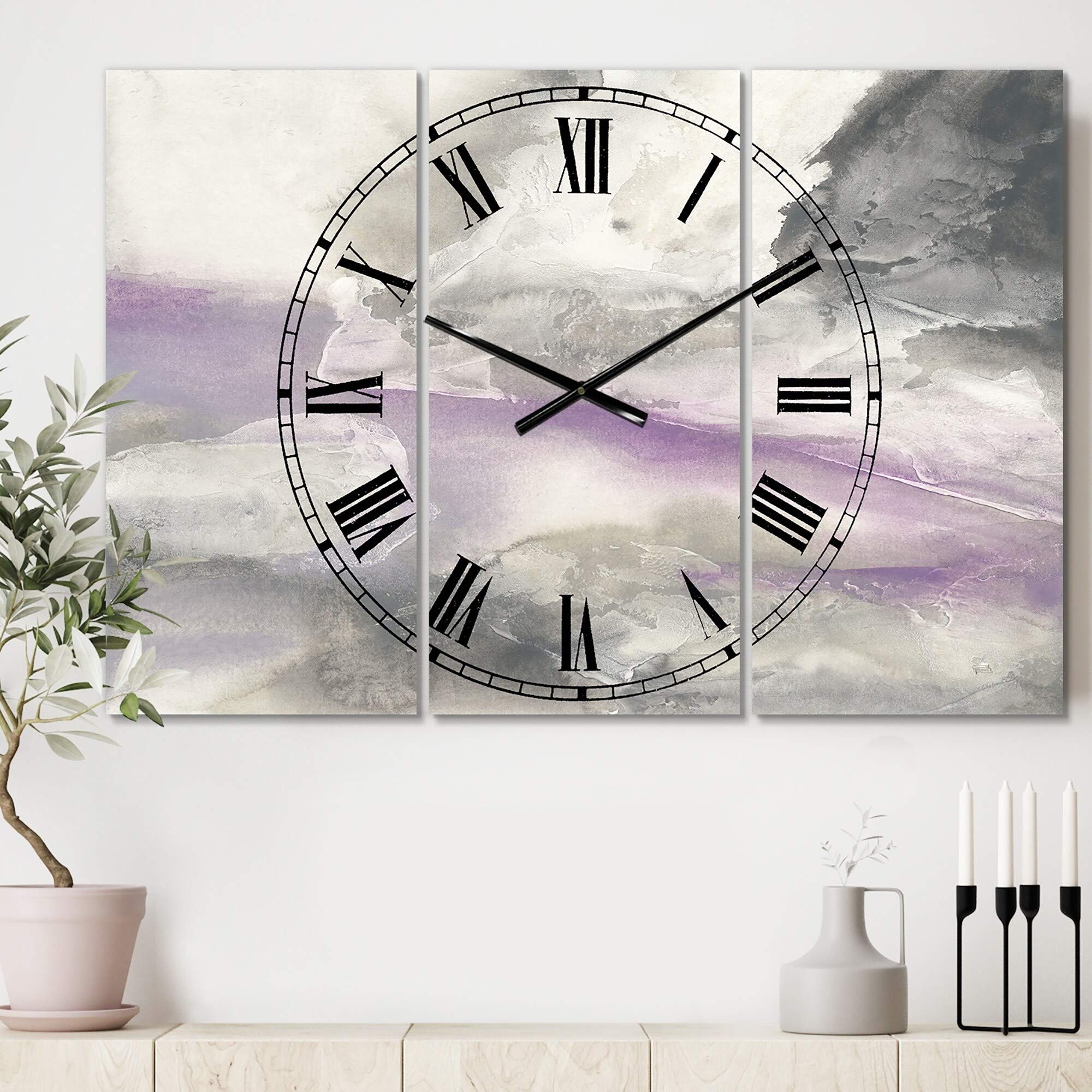 Minimalist Watercolor Purple Cottage Wall Clock - 3 Panel Oversized 36