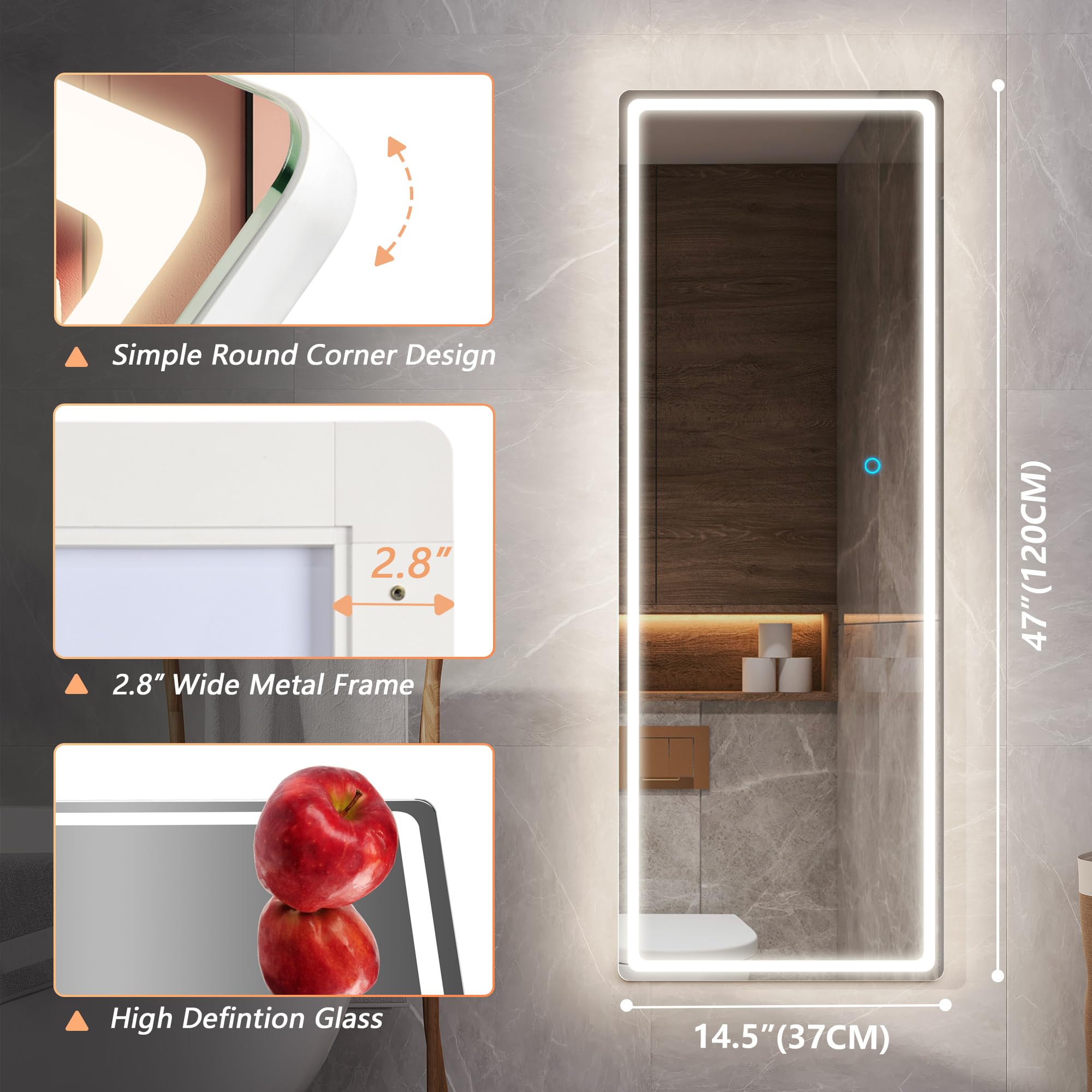 LVSOMT 47x14 Inch Full Length LED Lighted Mirror - Over The Door Hanging & Wall Mounted Full Body Mirror with Lights for Bedroom, Living Room, Dressing Room (White) - Perfect for Makeup, Outfit Checks & Home Decor